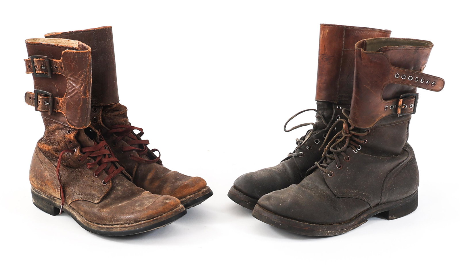 WWII US ARMY M43 DOUBLE BUCKLE BOOT LOT OF 2: WWII US ARMY M43 DOUBLE BUCKLE BOOT LOT OF 2 Lot of 2 WWII US Army M43 Double Buckle Leather Combat Boots. (1) Brown leather construction with double buckles. Size and inspection marks stamped on inte