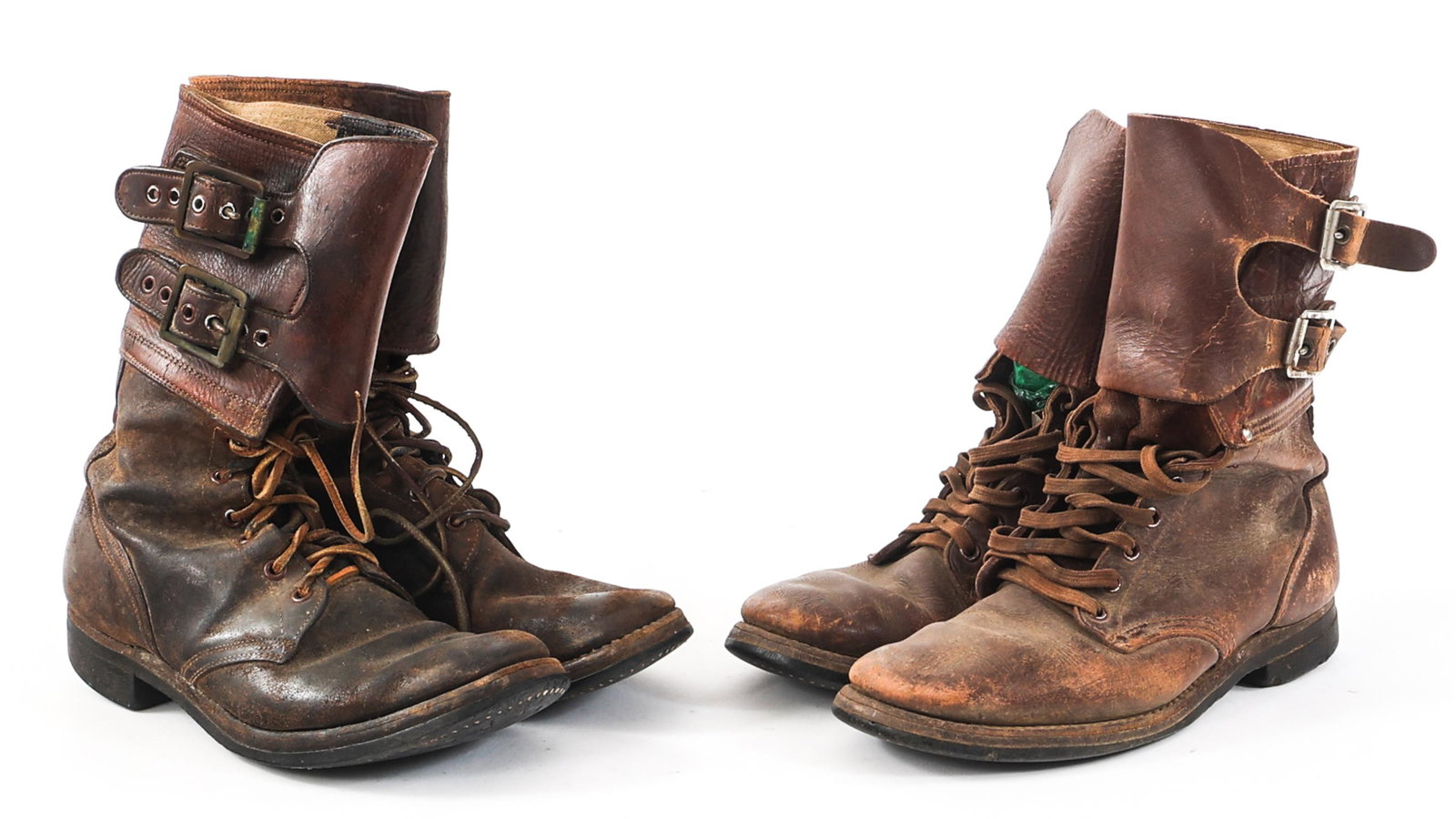 WWII US ARMY M43 DOUBLE BUCKLE LEATHER BOOTS: WWII US ARMY M43 DOUBLE BUCKLE LEATHER BOOTS Lot of 2 WWII US Army M43 Double Buckle Leather Combat Boots. (1) Brown leather construction with double buckles. No maker marks, inspection marks, or size