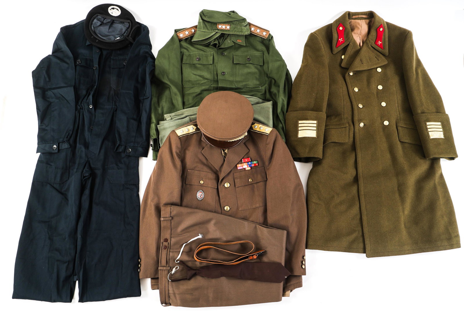 COLD WAR HUNGARIAN ARMORED OFFICER UNIFORM LOT: COLD WAR HUNGARIAN ARMORED OFFICER UNIFORM LOT Cold War Hungarian Armored Officer Uniforms. (1) Officer's Complete Dress Uniform. Khaki, fine wool, 4-pocket tunic with Colonel rank shoulder boards, ri