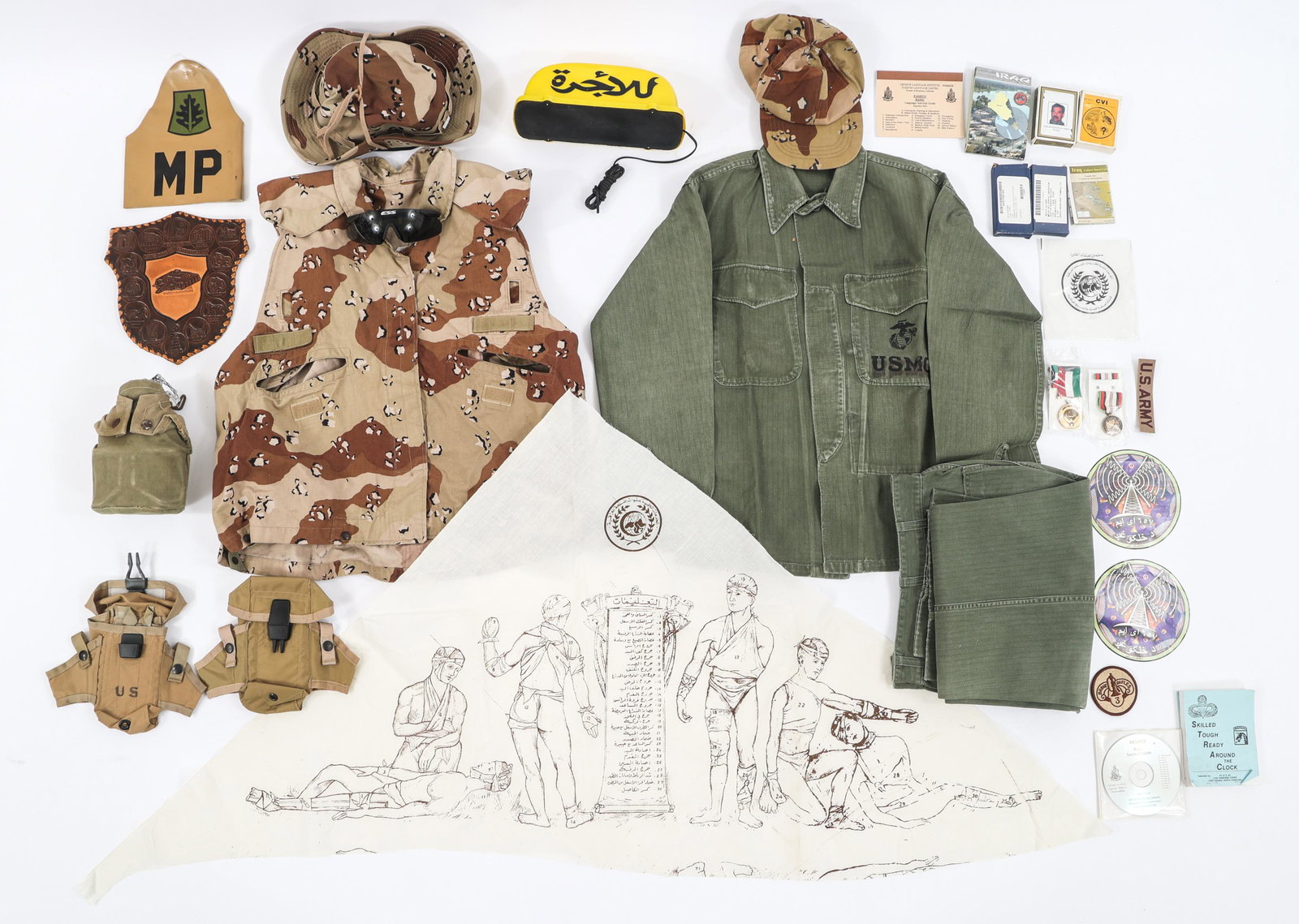 COLD WAR - IRAQ WAR ITEM BONANZA LOT: COLD WAR - IRAQ WAR ITEM BONANZA LOT Gulf War - Iraq War Item Bonanza Lot. Including: Chocolate Chip desert camo boonie hat, field cap, and Kevlar vest cover. (1) ESS ballistic sunglasses. (1) 18th MP