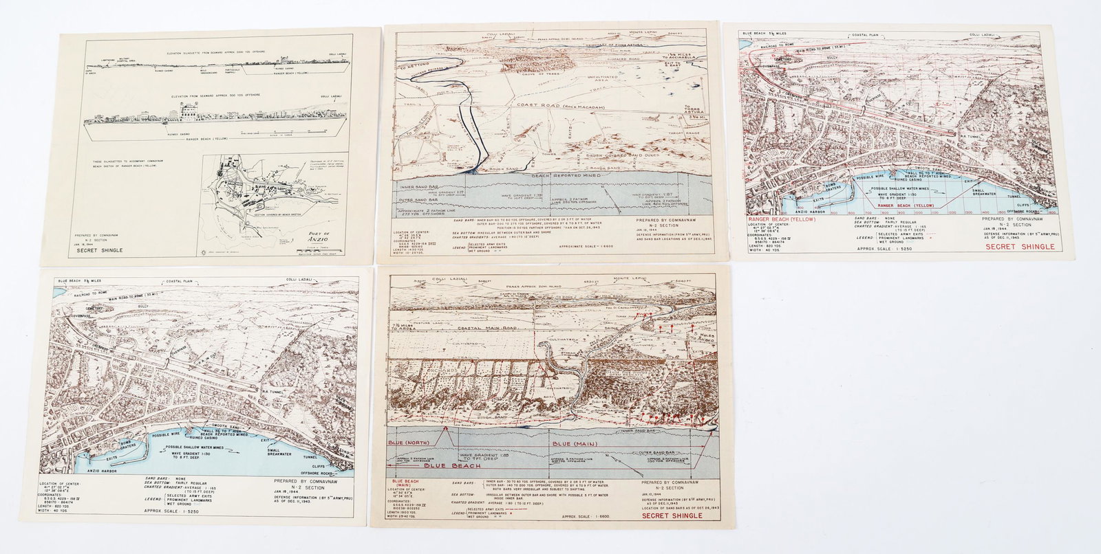 WWII US OPERATION SHINGLE SECRET LANDING MAPS: WWII US OPERATION SHINGLE SECRET LANDING MAPS Lot of 5 WWII US Army Operation Shingle Landing Maps. (1) Operation Shingle, Secret Map N-2 Section, Jan. 18, 1944, Port of Anzio elevation silhouettes. P