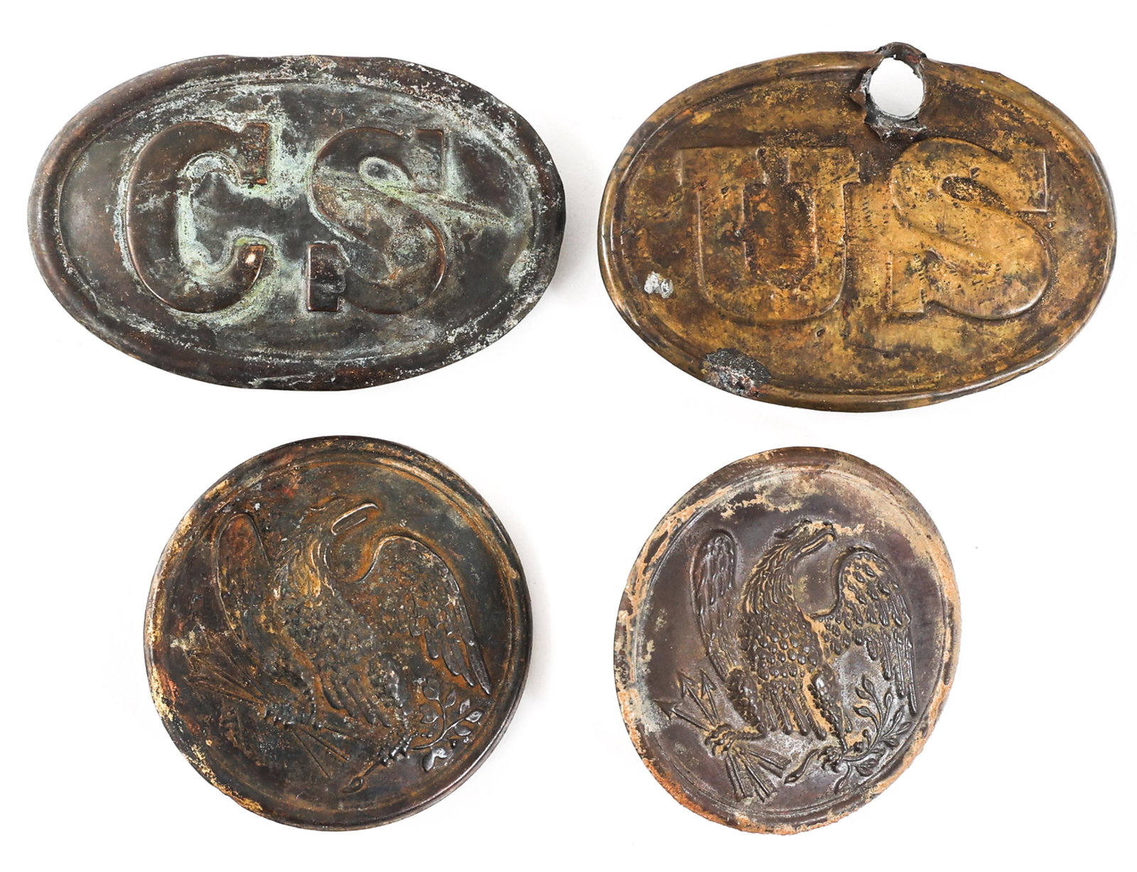 FANTASY CIVIL WAR REENACTOR BELT BUCKLE LOT OF 4: FANTASY CIVIL WAR REENACTOR BELT BUCKLE LOT OF 4 Lot of 4 Fantasy Civil War Reenactor's Belt Buckles. (1) "CS" Buckle. (1) "US" Buckle. (2) Union Eagle Breast Plate.