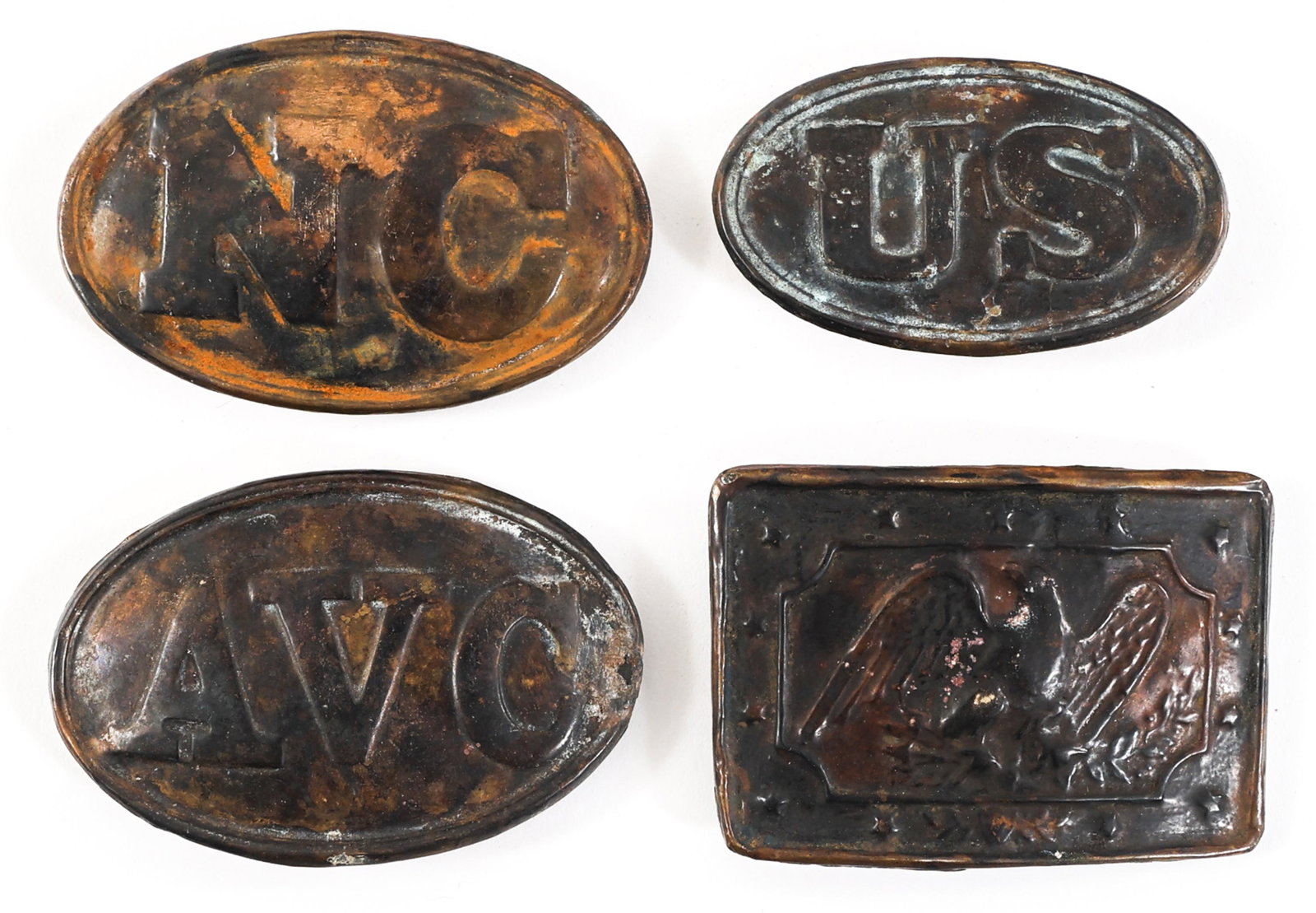 FANTASY CIVIL WAR REENACTOR BELT BUCKLE LOT OF 4: FANTASY CIVIL WAR REENACTOR BELT BUCKLE LOT OF 4 Lot of 4 Fantasy Civil War Reenactor's Belt Buckles. (1) "US" Buckle. (1) North Carolina "NC" Buckle. (1) "AVC" Buckle. (1) Officer's pattern buckle.