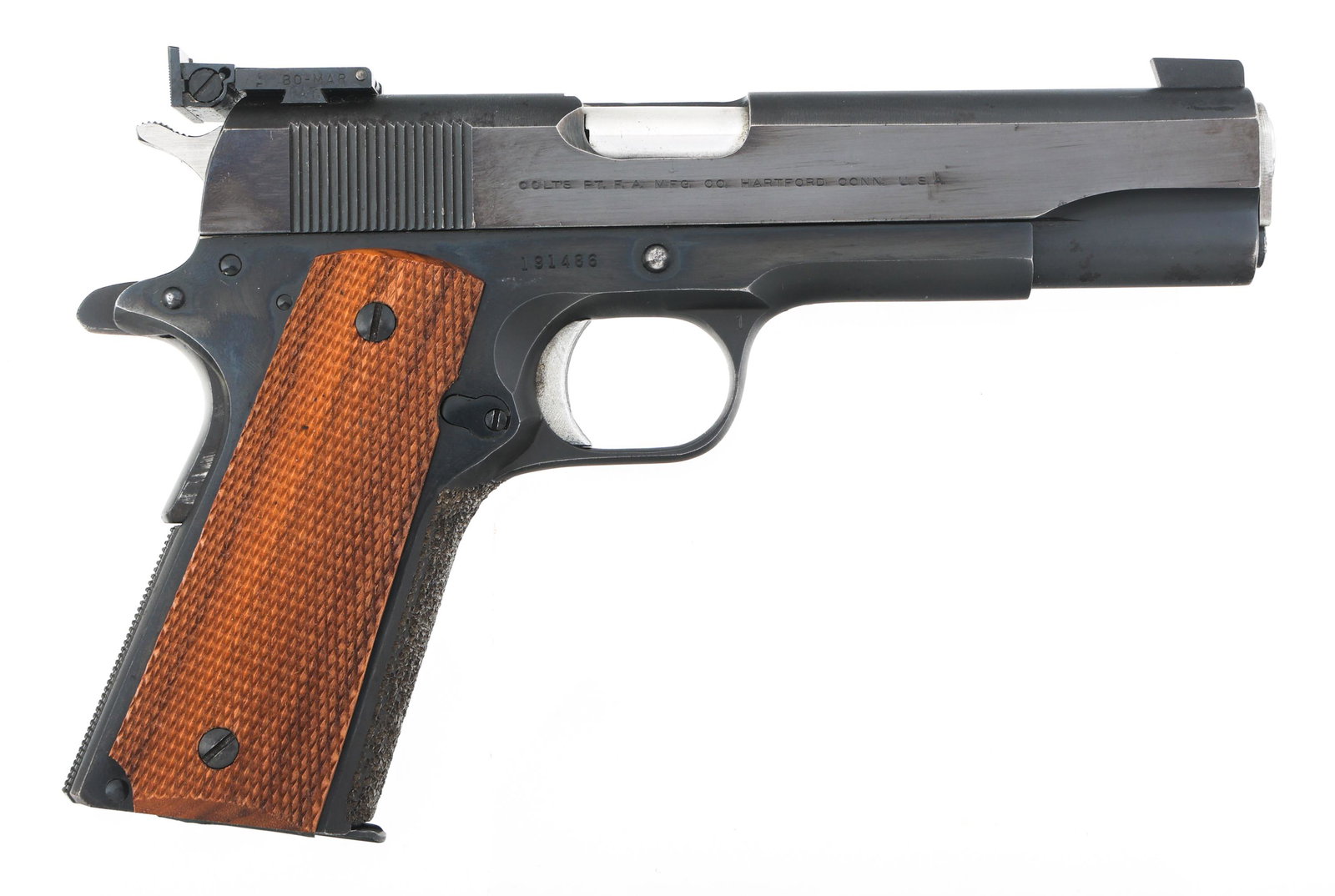 JACK MAPLE CUSTOM COLT 1911 .38 SPL CALIBER PISTOL: JACK MAPLE CUSTOM COLT 1911 .38 SPL CALIBER PISTOL 1967 Jack Maple Custom Colt 1911 .38 Special wad cutter caliber pistol. "JWM" stamped on left grip frame. Blued finish. Blade front sight. BO-MAR adj