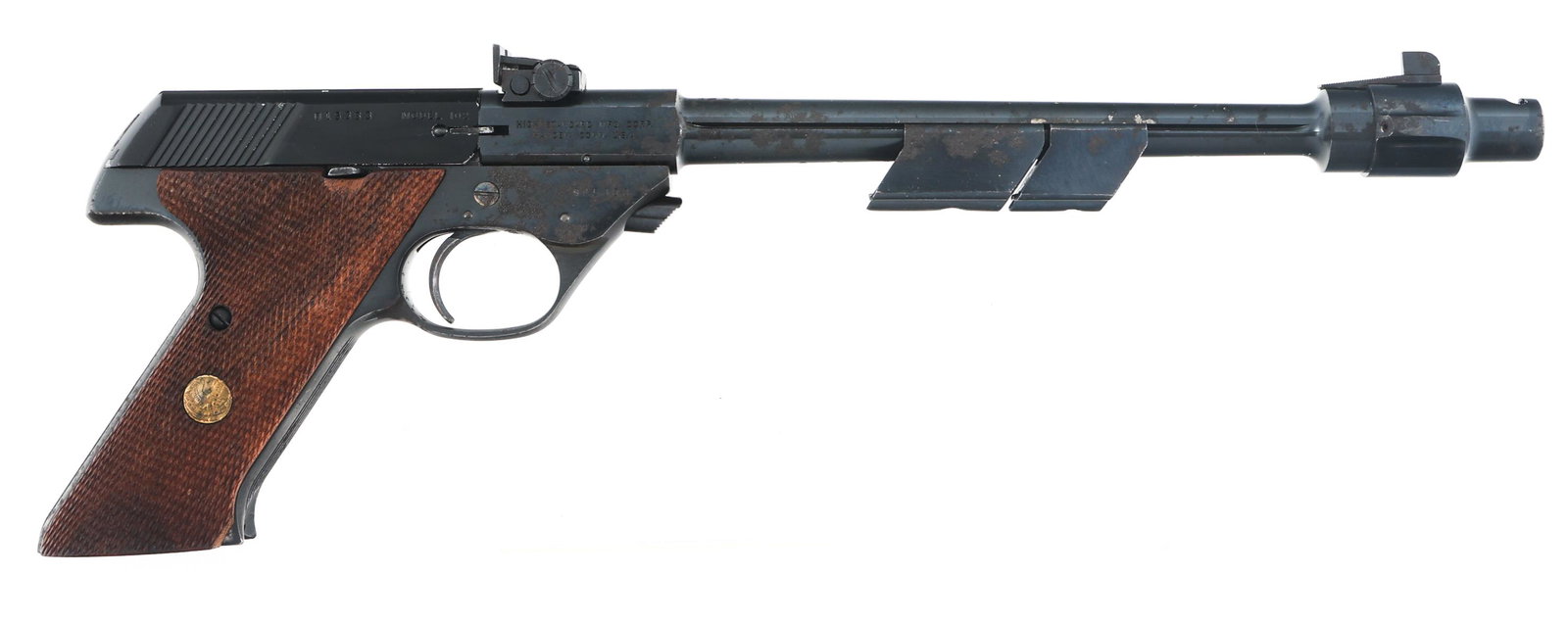 HI-STANDARD MODEL 102 OLYMPIC CITATION 22 S PISTOL: HI-STANDARD MODEL 102 OLYMPIC CITATION 22 S PISTOL Hi-Standard Model 102 Olympic Citation .22 short caliber pistol. Blued finish. Blade front sight. Adjustable rear sight. Muzzle compensator. Two barr