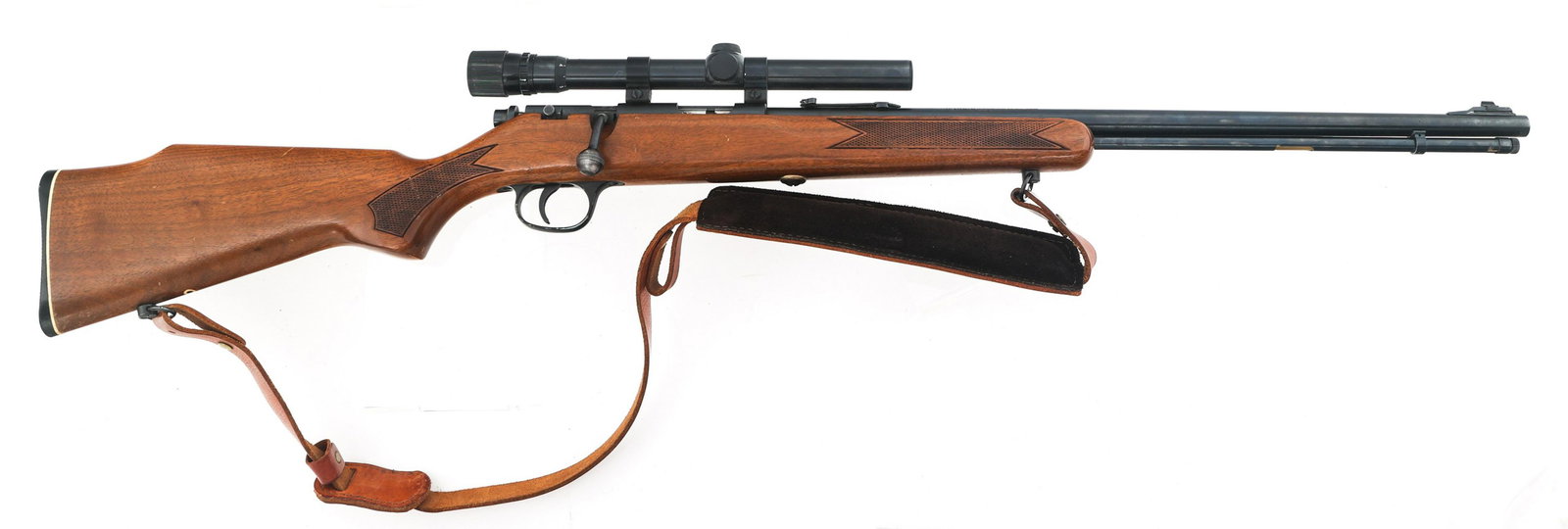 MARLIN MODEL 783 .22 MAG CALIBER RIFLE: MARLIN MODEL 783 .22 MAG CALIBER RIFLE 1985 Marlin Model 783 .22 Magnum caliber bolt action rifle. Blued finish. Checkered wood stock. Adjustable rear sight. Leather sling. Weaver V22-A 3-6 Variable s
