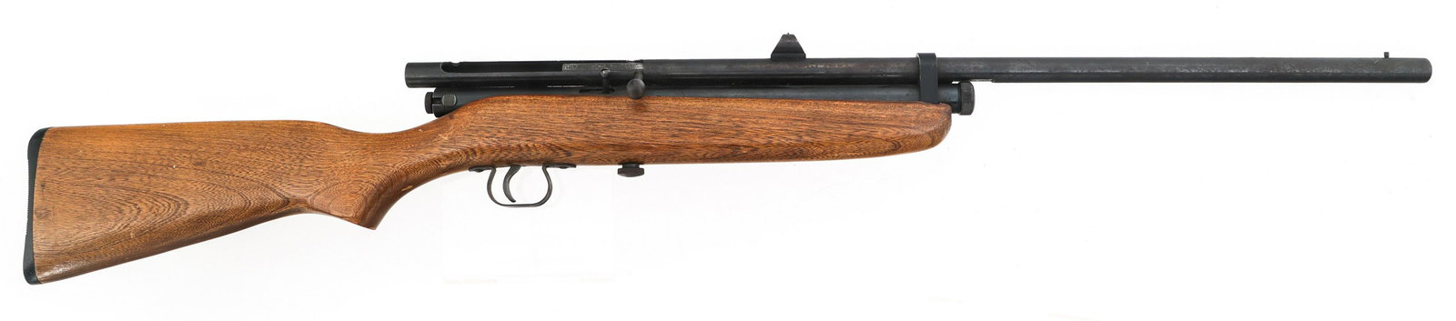 CAP-CHUR LONG RANGE CO2 PROJECTOR DART RIFLE: CAP-CHUR LONG RANGE CO2 PROJECTOR DART RIFLE CAP-CHUR long range CO2 Projector dart rifle. Blued finish. Bead front sight. Hooded cross hair rear sight. Wood stock. Training dart. Barrel Length: 22.5"