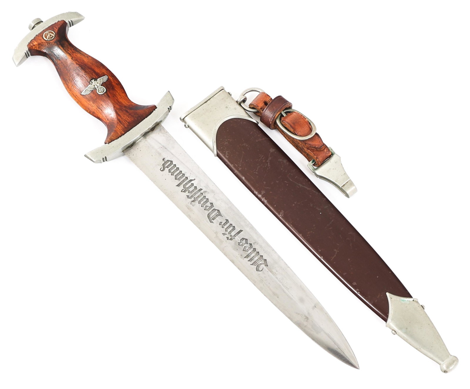WWII GERMAN SA DRESS DAGGER By WILHELM KOBER: WWII GERMAN SA DRESS DAGGER By WILHELM KOBER WWII German SA Dress Dagger by Wilhelm Kober & Co. Bright, straight blade with acid etched motto "Alles Fur Deutschland" on light gray background. Visible