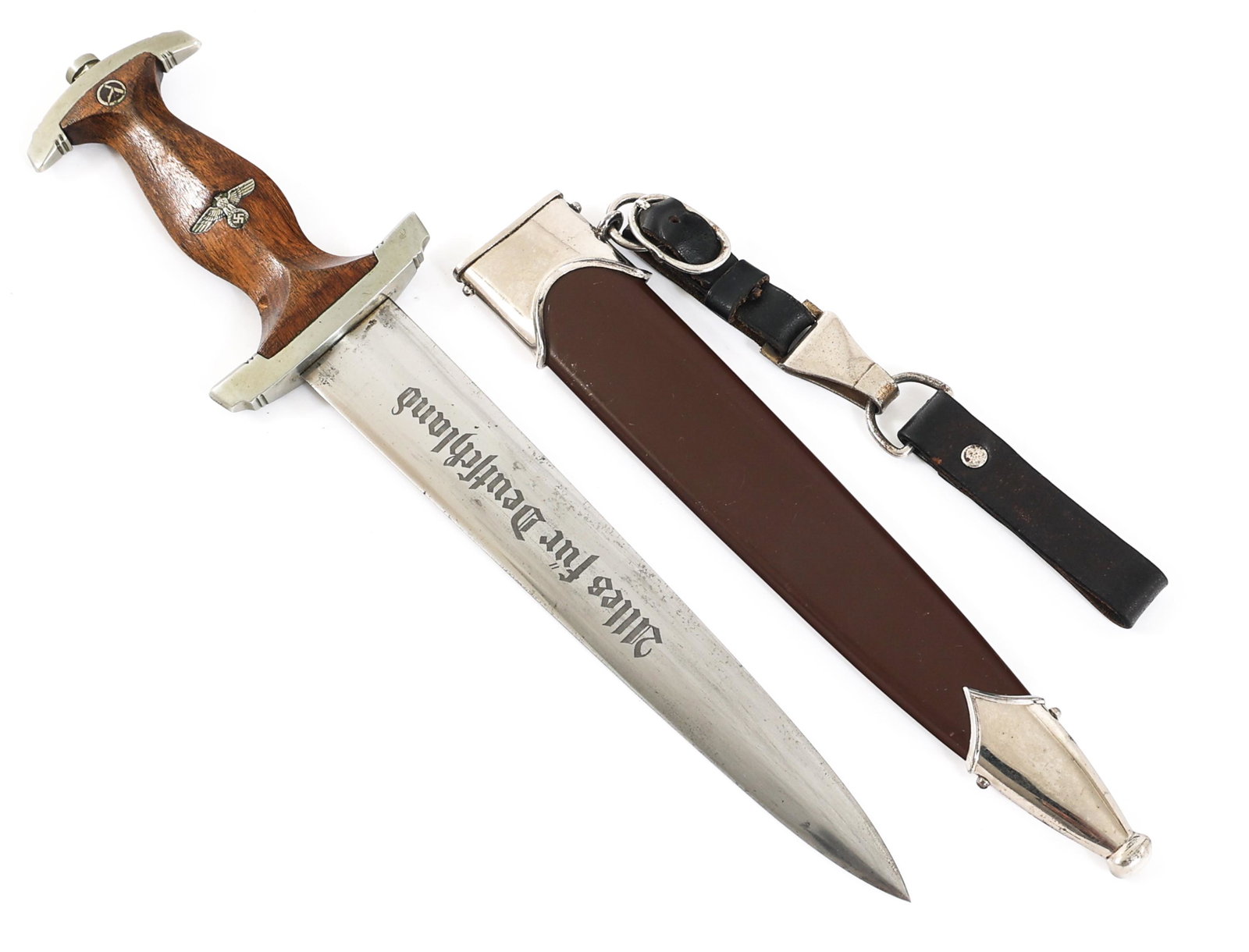 WWII GERMAN SA DRESS DAGGER By HACO BERLIN: WWII GERMAN SA DRESS DAGGER By HACO BERLIN WWII German SA Dress Dagger by Haco, Berlin. Bright, straight blade with acid etched motto "Alles Fur Deutschland" on light gray background. Visible crossgra