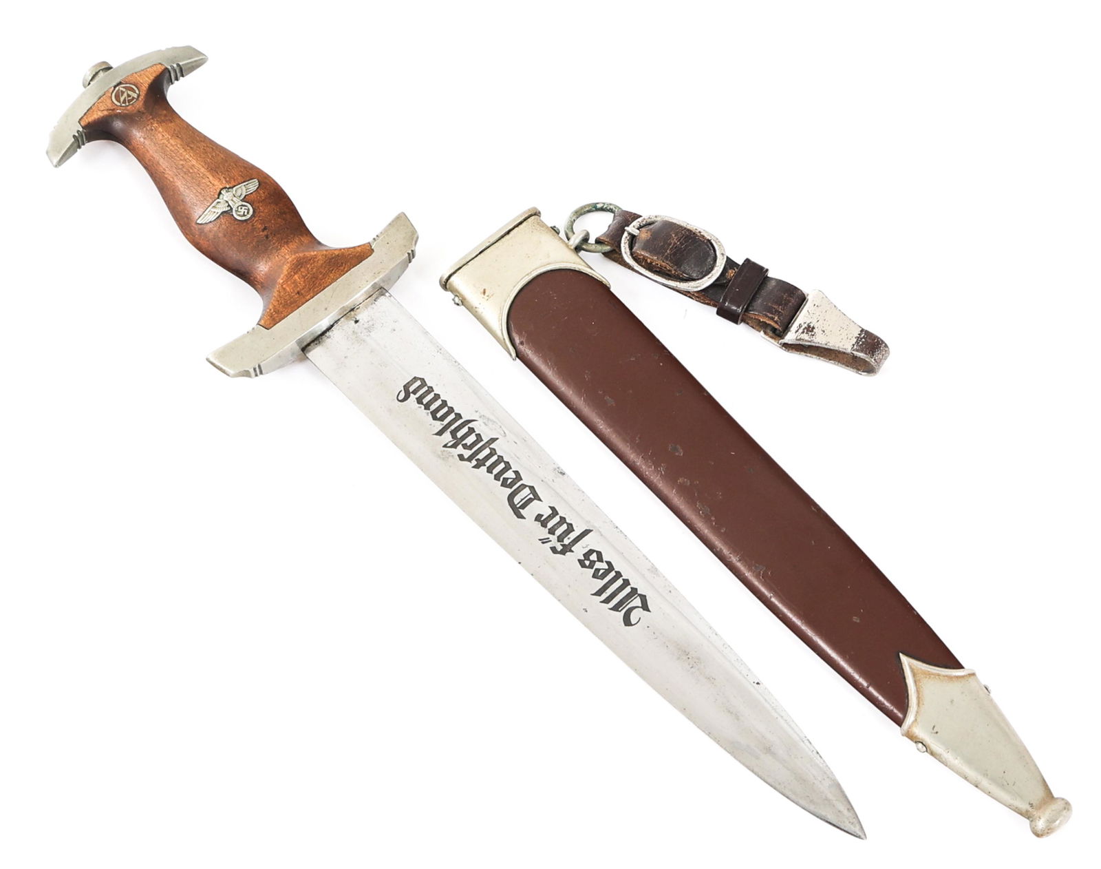 WWII GERMAN GROUND ROHM SA DAGGER By ERNST PACK: WWII GERMAN GROUND ROHM SA DAGGER By ERNST PACK WWII German SA "Sturmabteilung" Dress Dagger. Double edged, bright blade with acid etched motto "Alles Fur Deutschland" in dark grey background. Slightl