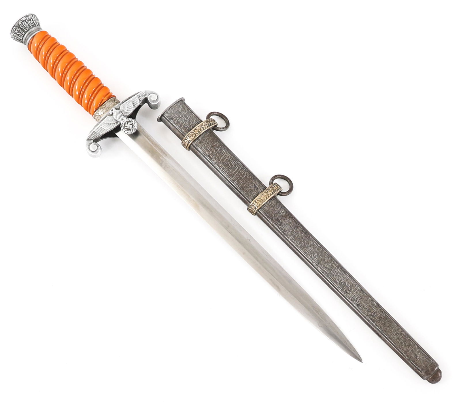 WWII GERMAN ARMY OFFICER PARTS DAGGER: WWII GERMAN ARMY OFFICER PARTS DAGGER WWII German Army Officer Parts Dagger. Double edged, bright blade. No maker mark visible. Leather buffer pad. Orange grip. Nickel-silver plated steel scabbard. Bl