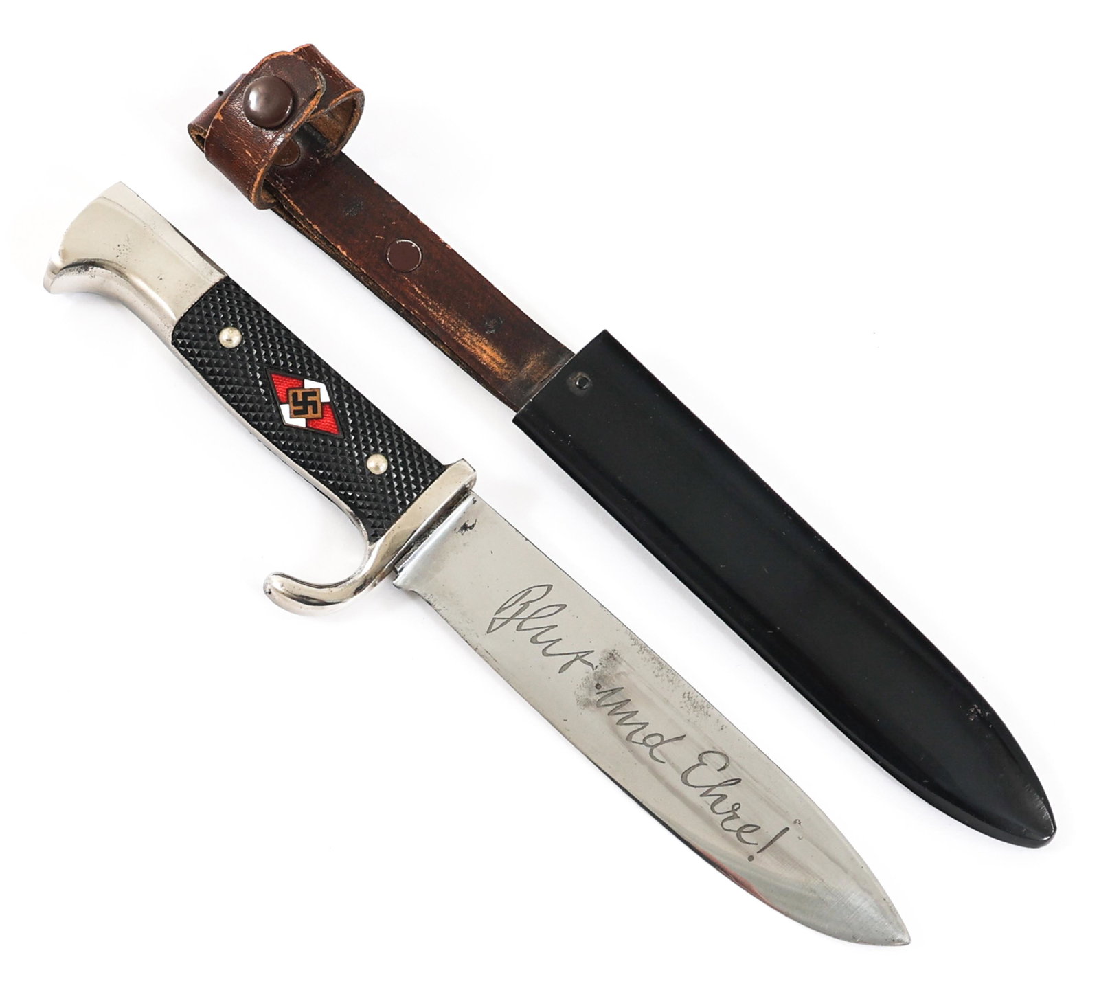 WWII GERMAN HITLER YOUTH KNIFE WITH MOTTO: WWII GERMAN HITLER YOUTH KNIFE WITH MOTTO WWII German Hitler Youth Knife With Motto By Carl Heidelberg. Bright, straight blade with acid etched motto "Blut und Ehre!" (Blood and Honor!) on a light gre
