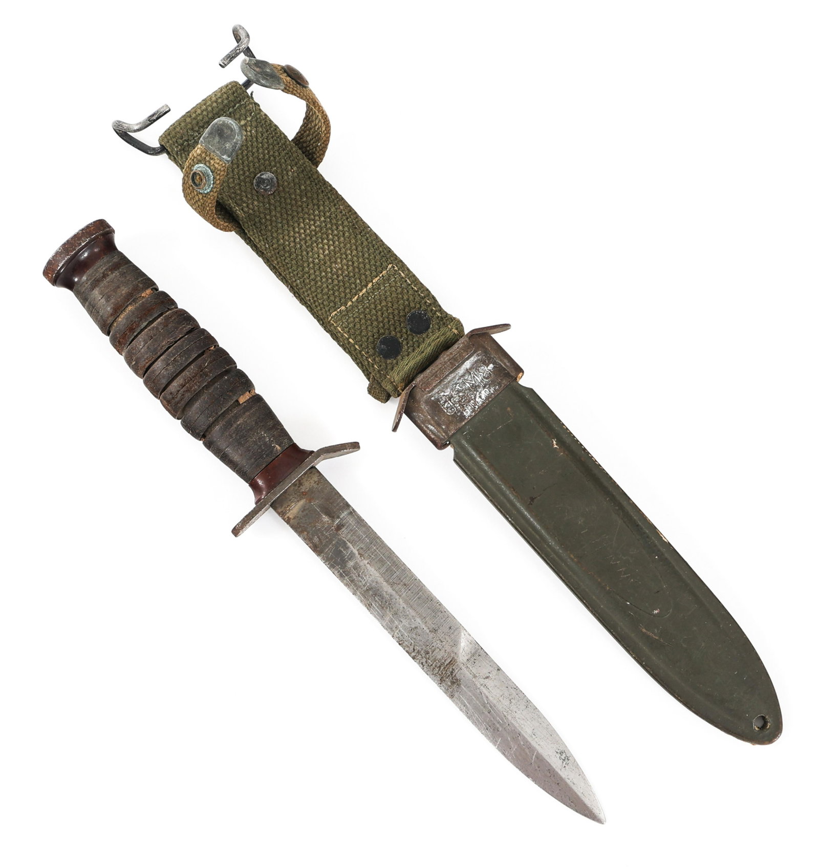 WWII US M3 COMBAT KNIFE By IMPERIAL & M8 SCABBARD: WWII US M3 COMBAT KNIFE By IMPERIAL & M8 SCABBARD WWII US M3 Combat Knife by Imperial & M8 Scabbard. Spear-point blade. Steel crossguard marked "US M3 Imperial". Stacked leather grip and steel pommel.