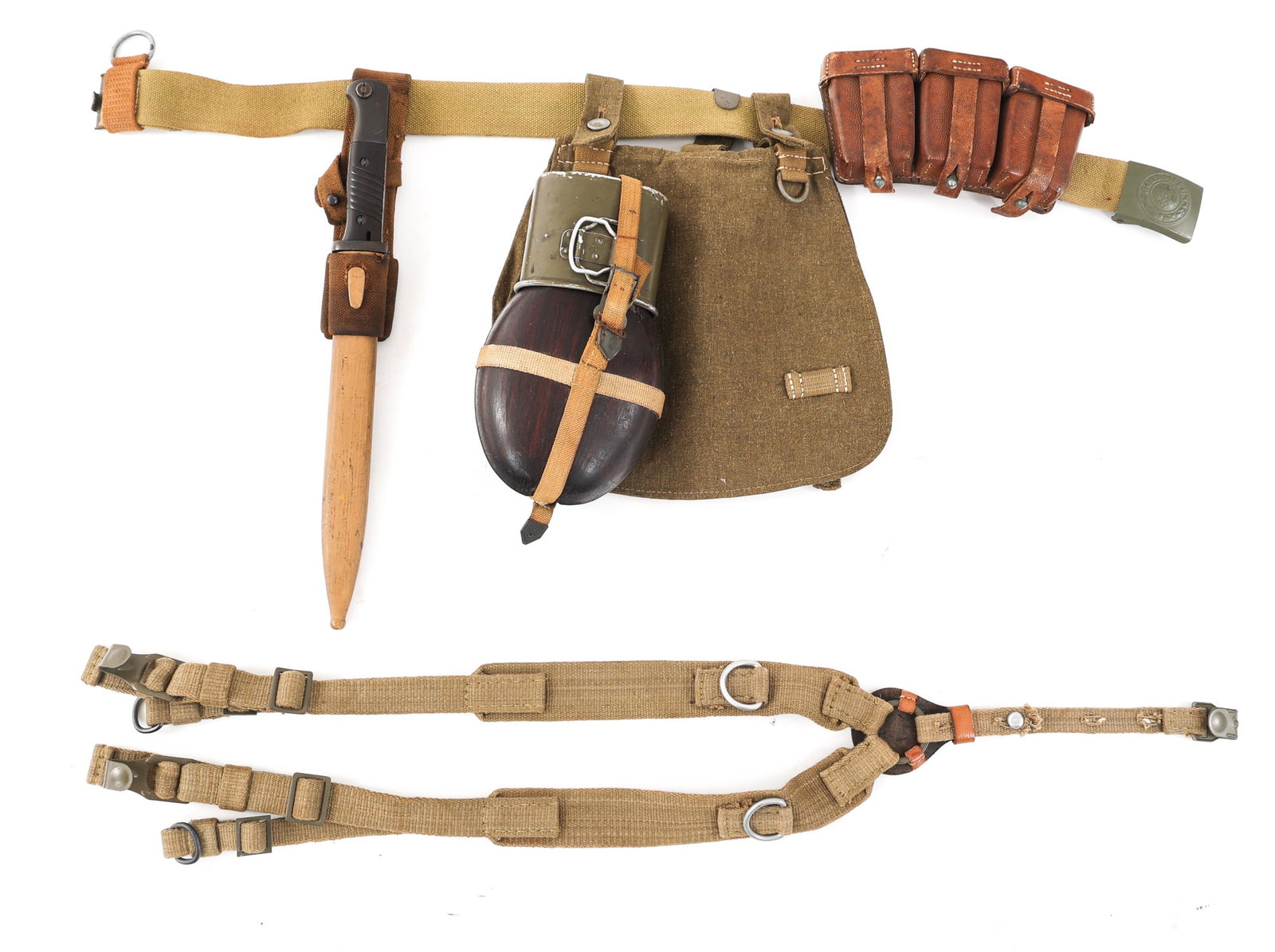 WWII GERMAN HEER TROPICAL FIELD GEAR SET: WWII GERMAN HEER TROPICAL FIELD GEAR SET WWII German Heer Tropical Field Gear Set. (1) K98 Bayonet. Single edged, parkerized fullered blade. Serial number "9002" stamped on one side of the ricasso, ma