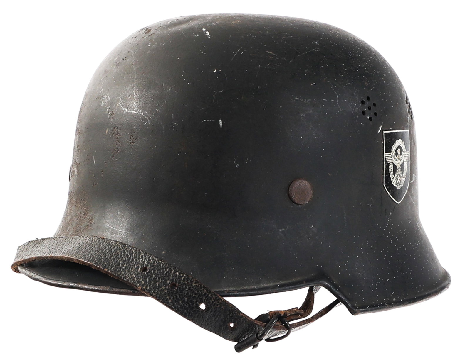 WWII GERMAN FIRE POLICE DD M34 HELMET: WWII GERMAN FIRE POLICE DD M34 HELMET WWII German Fire Police Double Decal M34 Square Dip Helmet. Fire police and National decals on each side. Stamped with "del-tahl" on inside right brim. 8-tongue l
