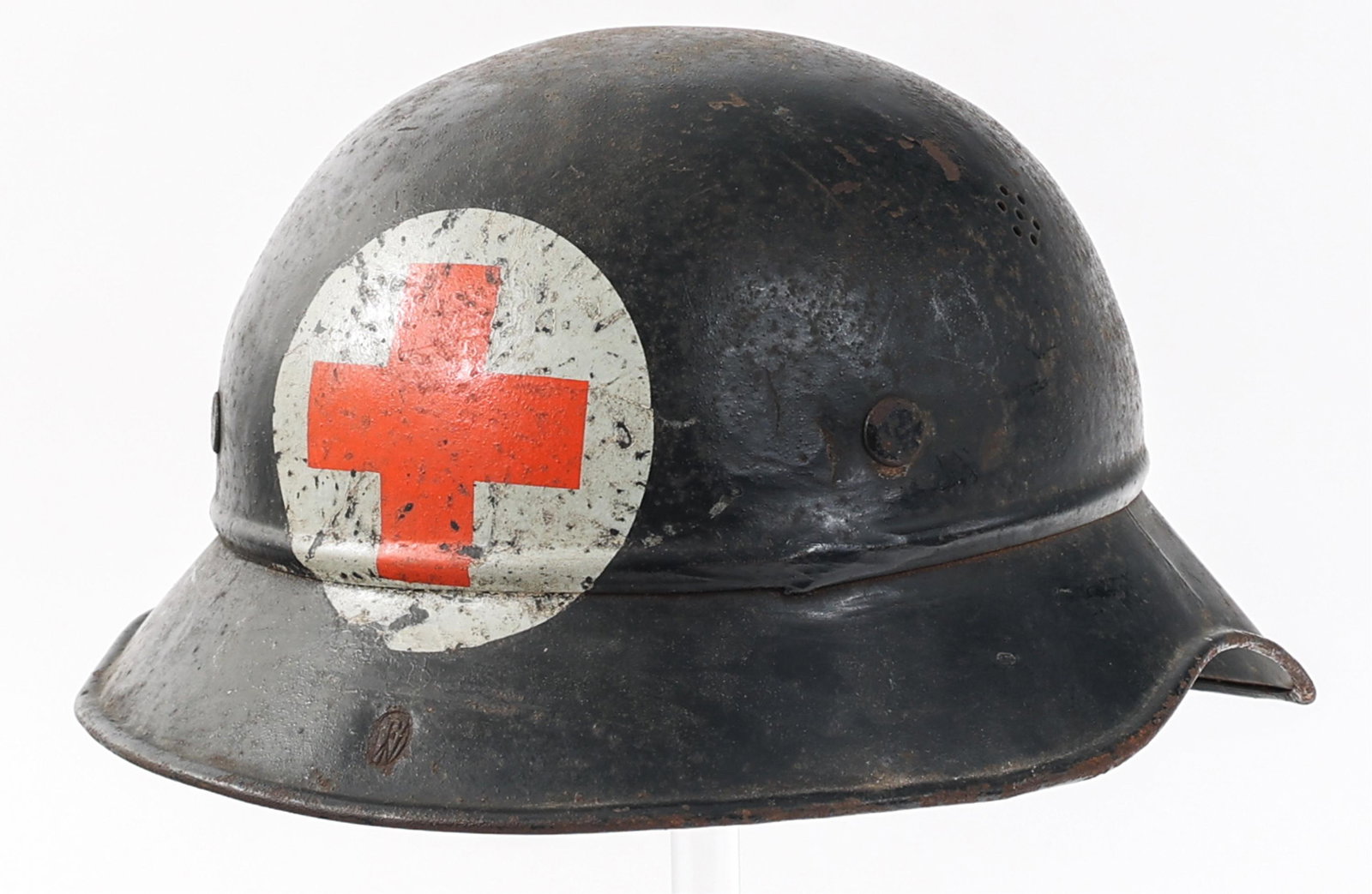 WWII GERMAN RED CROSS M38 GLADIATIOR HELMET: WWII GERMAN RED CROSS M38 GLADIATIOR HELMET WWII German Red Cross "M38" Gladiator Beaded Helmet. Red Cross insignia frontal decal. Inside back rim stamped with "RL2-38/28". Cloth liner and leather chi