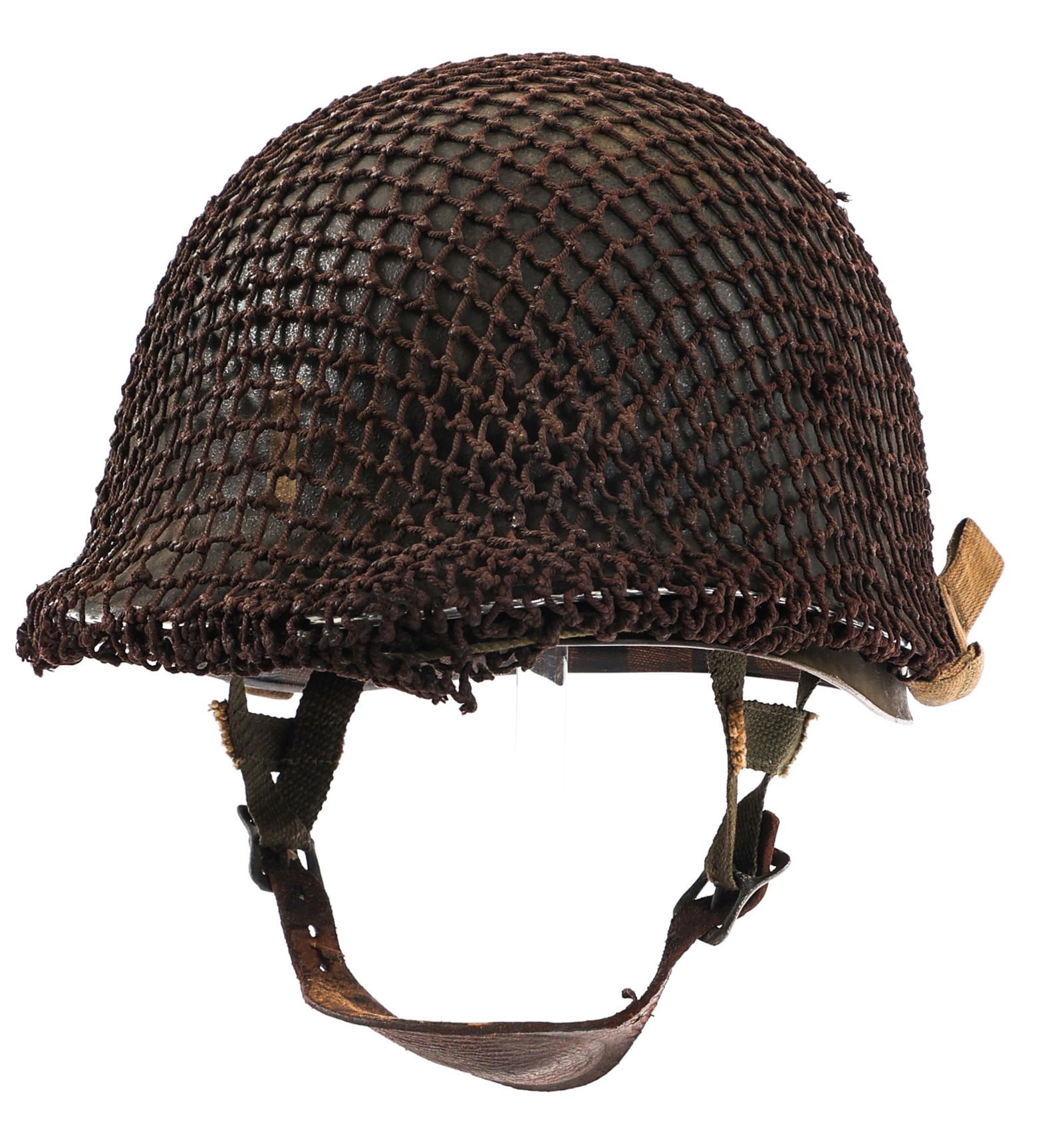 WWII US ARMY OFFICER'S M1 COMBAT HELMET: WWII US ARMY OFFICER'S M1 COMBAT HELMET Early WWII US Army Officer's M1 Combat Helmet with Liner. Front and rear painted 1st Lieutenant rank bars and camo netting. Front seam, fixed bale with OD7 chin