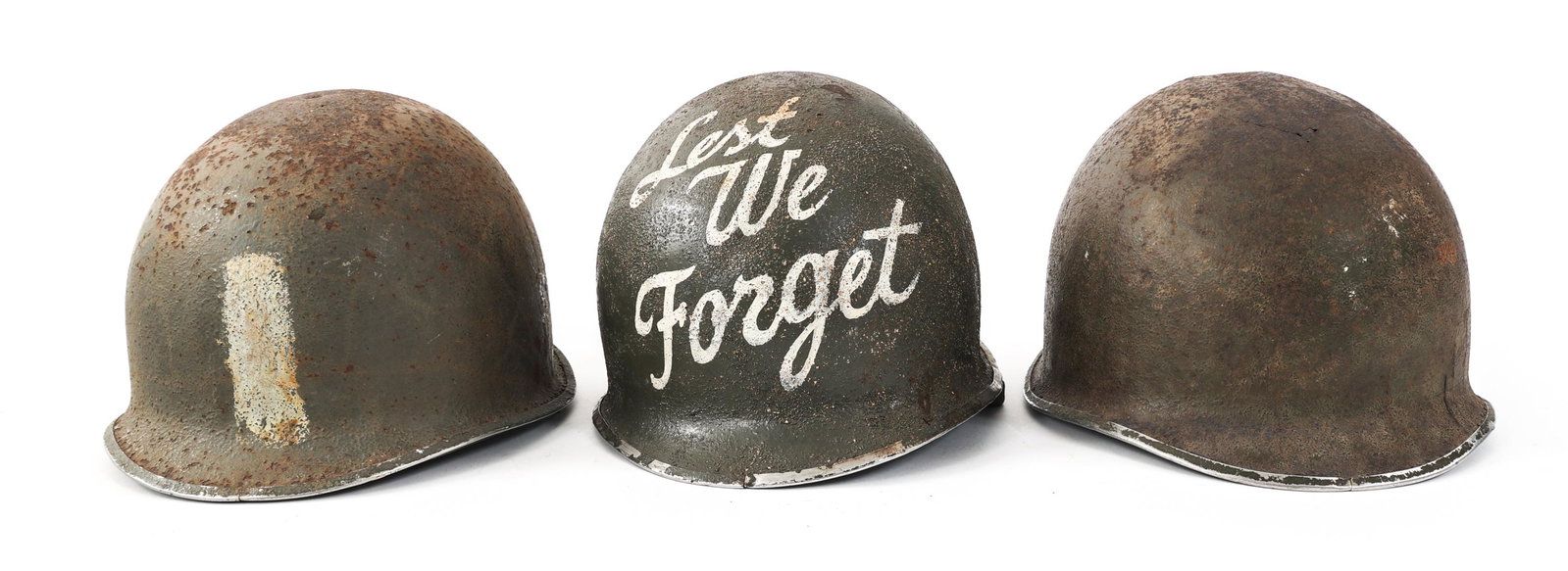 WWII US ARMY M1 HELMET & M1 HELMET SHELL LOT OF 3: WWII US ARMY M1 HELMET & M1 HELMET SHELL LOT OF 3 Lot of 3 WWII US Army M1 Helmet & M1 Helmet Shells. (1) M1 Helmet with Liner. McCord production shell, front seam and fixed bale. No serial number vis
