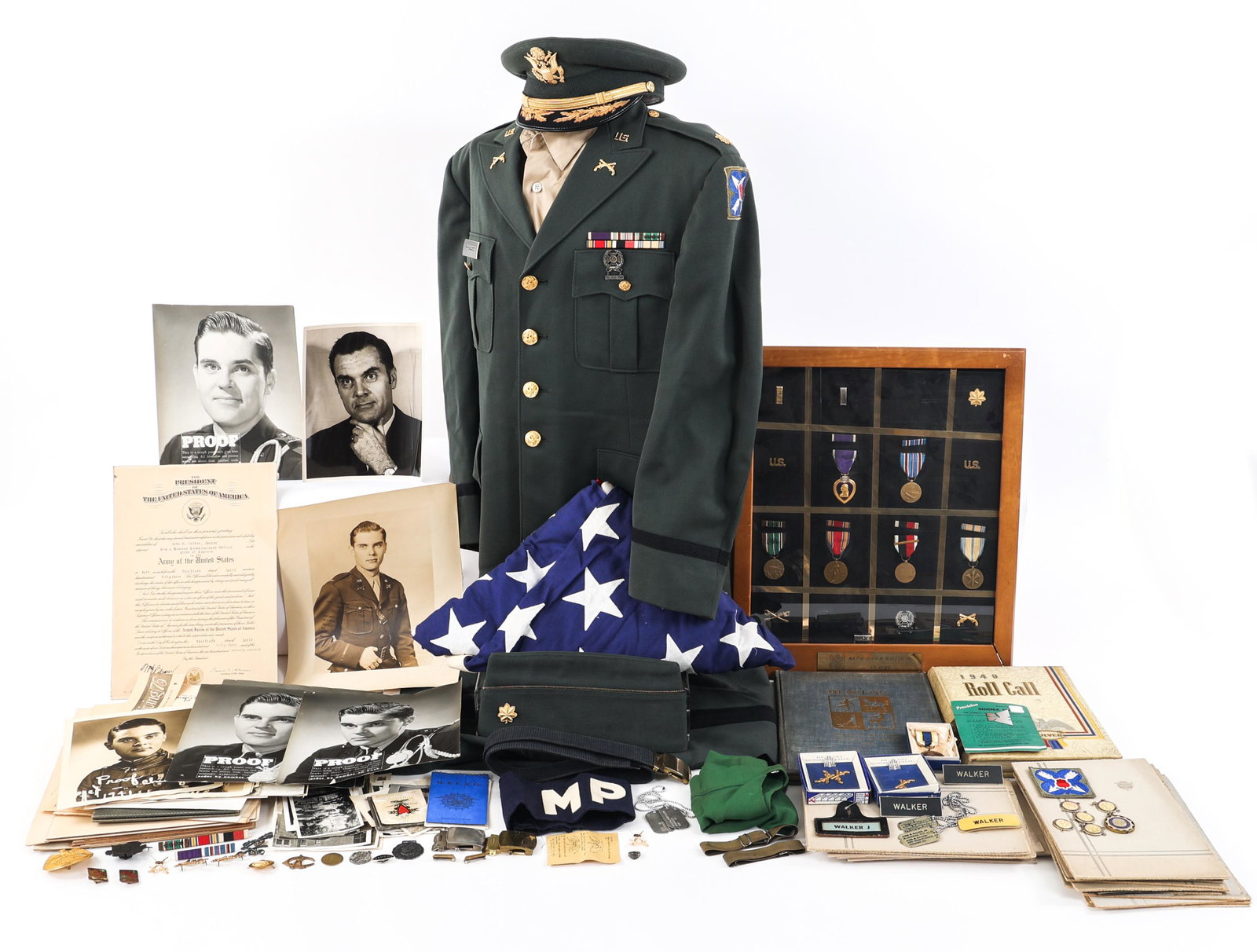 WWII - COLD WAR US ARMY OFFICER NAMED GROUPING: WWII - COLD WAR US ARMY OFFICER NAMED GROUPING WWII - Cold War US Army Named Uniform, Insignia, & Photograph Grouping. Named to Major John M. Walker Jr. Includes wood framed medal and insignia display