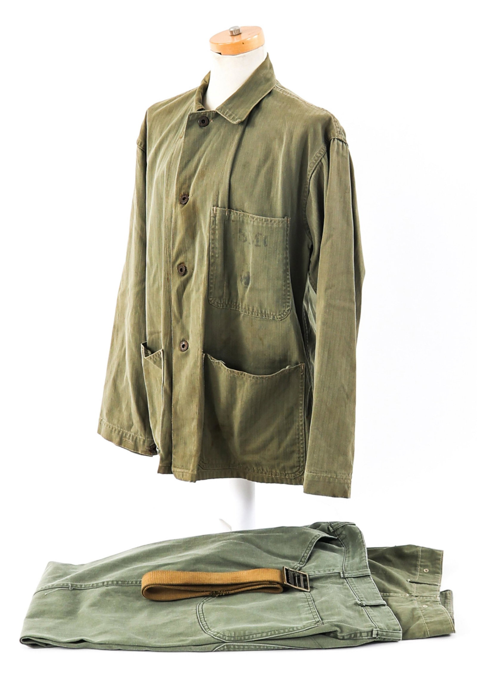 WWII USMC P41 HBT COMBAT UTILITY UNIFORM: WWII USMC P41 HBT COMBAT UTILITY UNIFORM WWII USMC P41 Herringbone Twill Combat Utility Uniform. Olive green HBT combat shirt with "USMC" and EGA ink stamped on the breast pocket. One pair of P41 HBT 