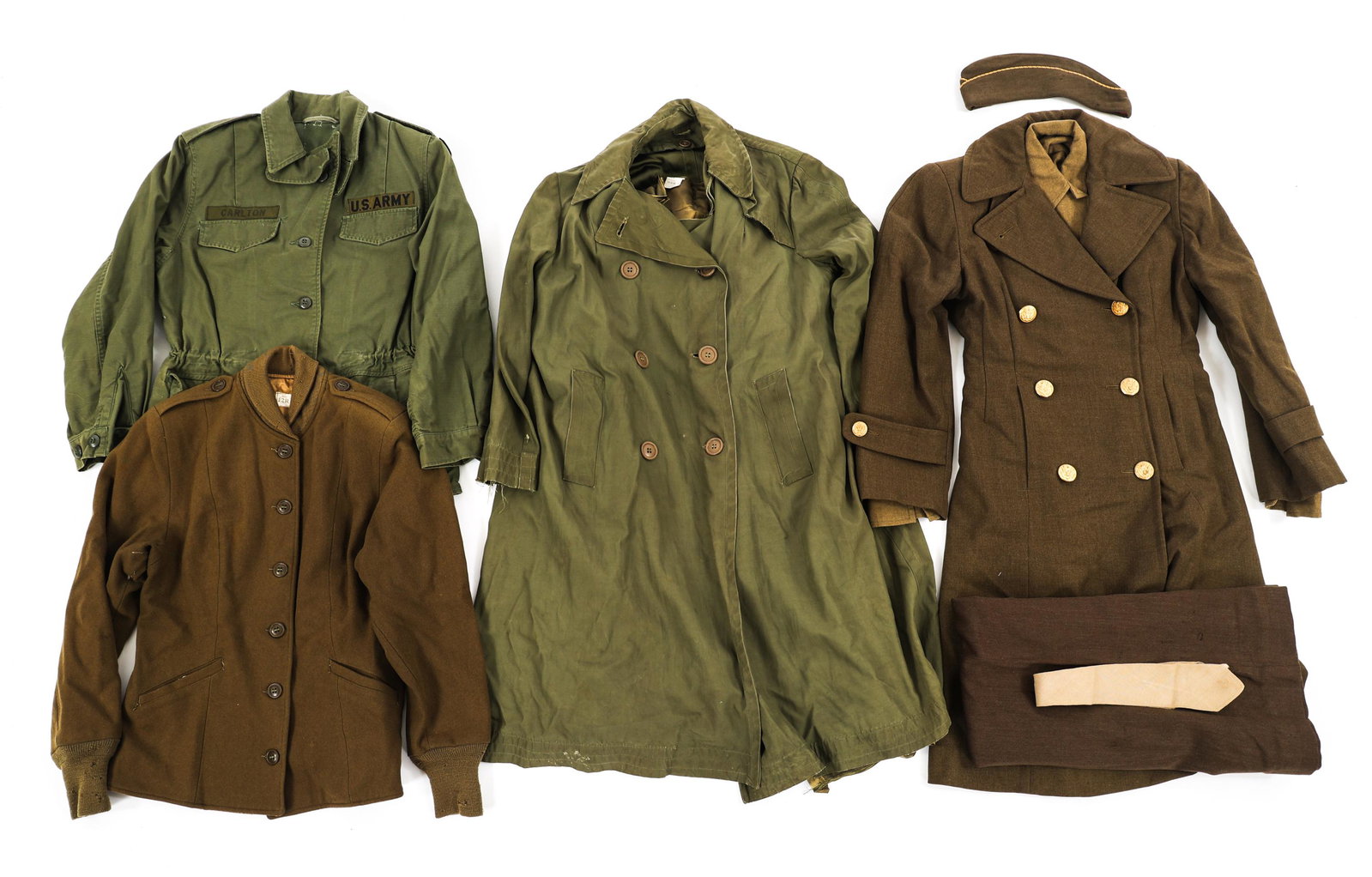 WWII US ARMY WAC COLD WEATHER UNIFORM LOT: WWII US ARMY WAC COLD WEATHER UNIFORM LOT Lot of Assorted WWII US Army WAC Cold Weather Uniform Items. Includes WAC overcoats, M43 Field Jacket, M43 Field Jacket liner, skirt, tie, garrison cap, and m