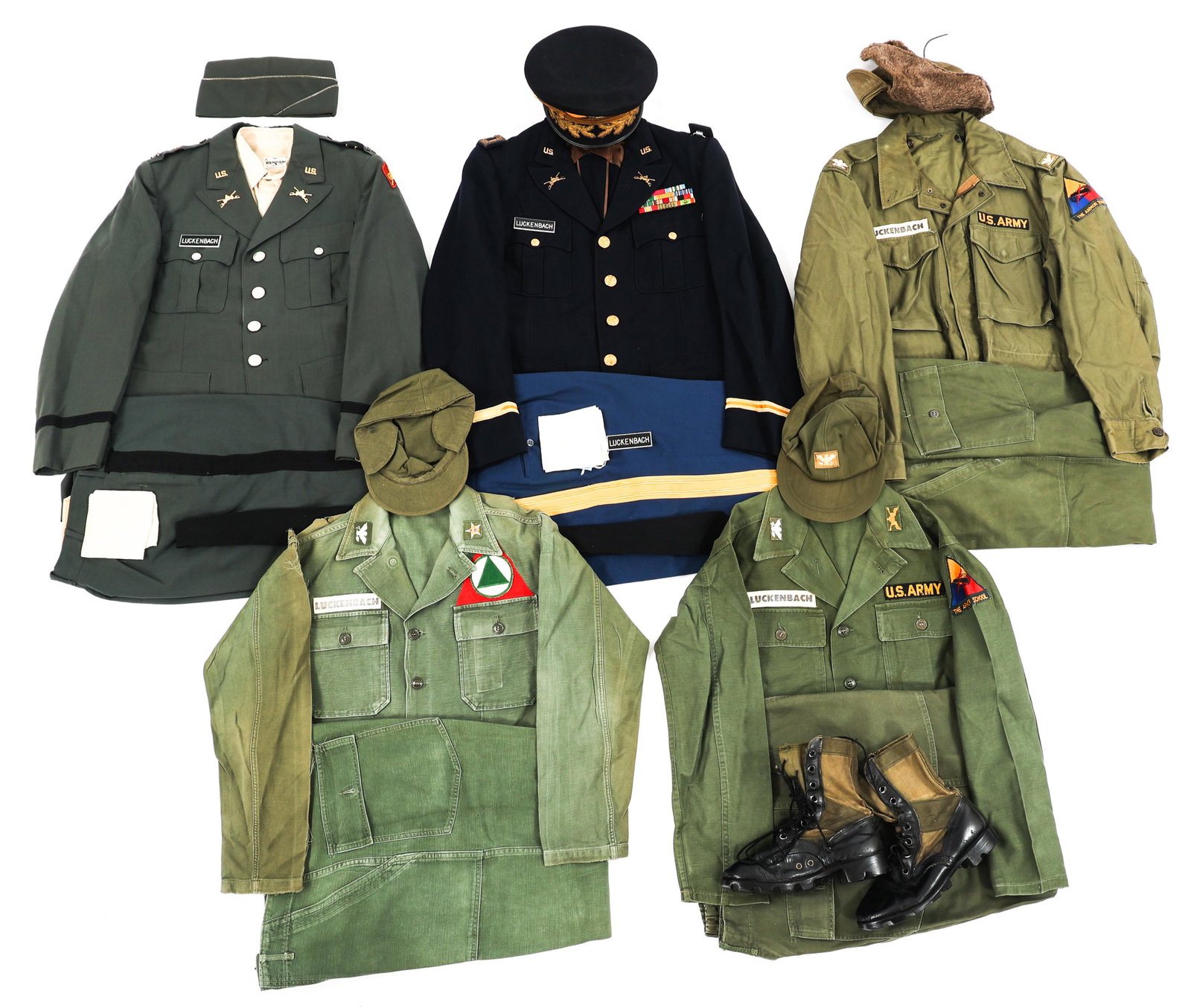 VIETNAM WAR US ARMY OFF. DRESS & UTILITY UNIFORMS: VIETNAM WAR US ARMY OFF. DRESS & UTILITY UNIFORMS Lot of Assorted Vietnam War Us Army Officer Dress & Utility Uniform Sets. Includes Army Green uniform, dress blue uniform, utility uniforms, combat bo