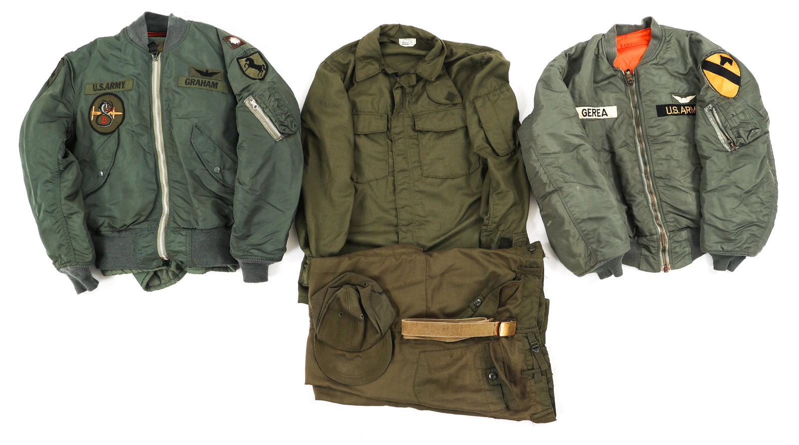 VIETNAM WAR US ARMY HELICOPTER PILOT UNIFORM LOT: VIETNAM WAR US ARMY HELICOPTER PILOT UNIFORM LOT Lot of Assorted Vietnam War Us Army Helicopter Pilot Uniforms. (1) Flight jacket & liner with 11th Cavalry Regiment & 1st Aviation Brigade shoulder pat
