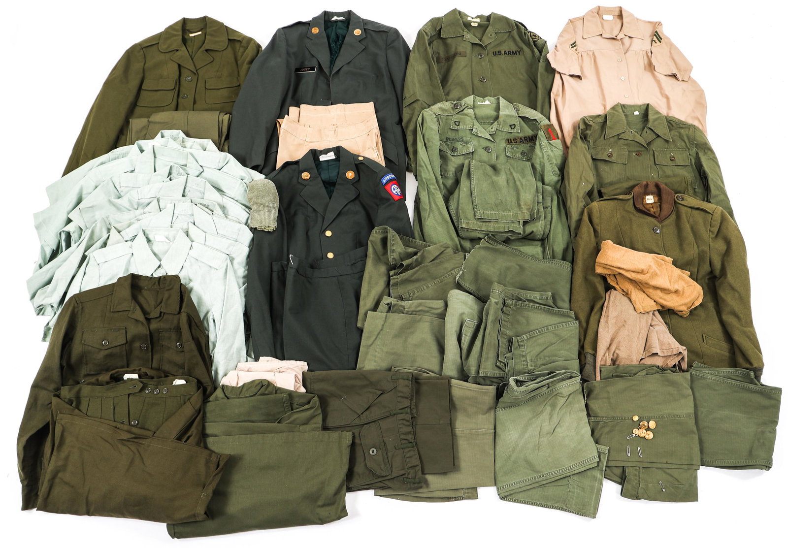 COLD WAR US ARMED FORCES FEMALE UNIFORM LOT: COLD WAR US ARMED FORCES FEMALE UNIFORM LOT Cold War US Armed Forces Female Uniforms. Including USMC uniform shirt, OG-107 utility shirt and trousers, service dress uniforms and more. Size: Small to M