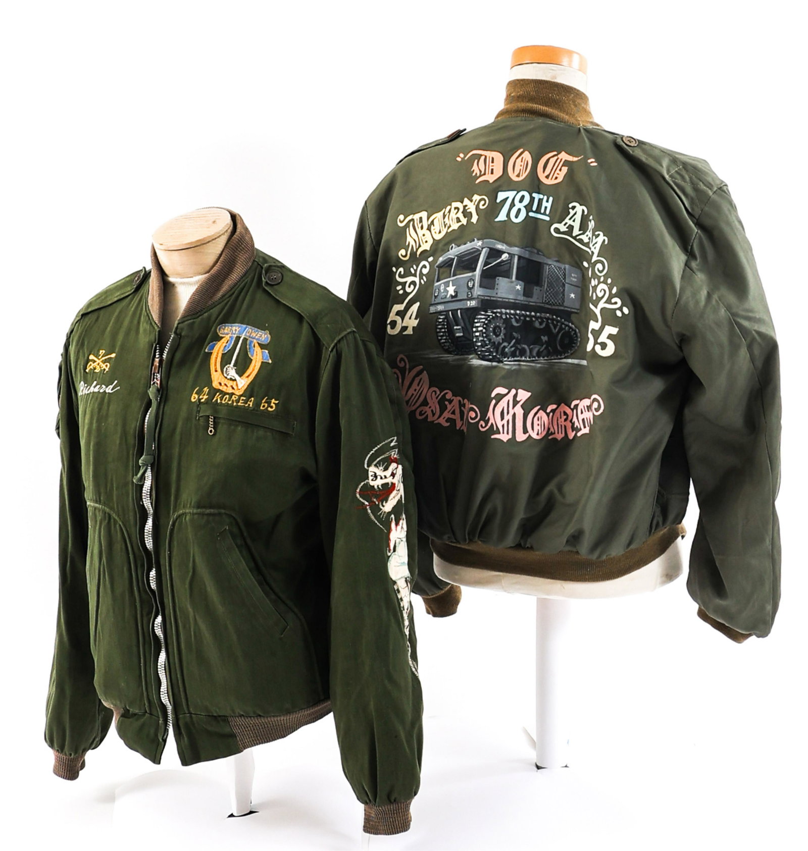 COLD WAR US ARMY KOREAN CUSTOM MADE TOUR JACKETS: COLD WAR US ARMY KOREAN CUSTOM MADE TOUR JACKETS Cold War Era US Army Korean Custom Made Tour Jackets. (1) 78th Anti-Aircraft Artillery Battalion Tour Jacket. M4 High-Speed Tractor in center of custom