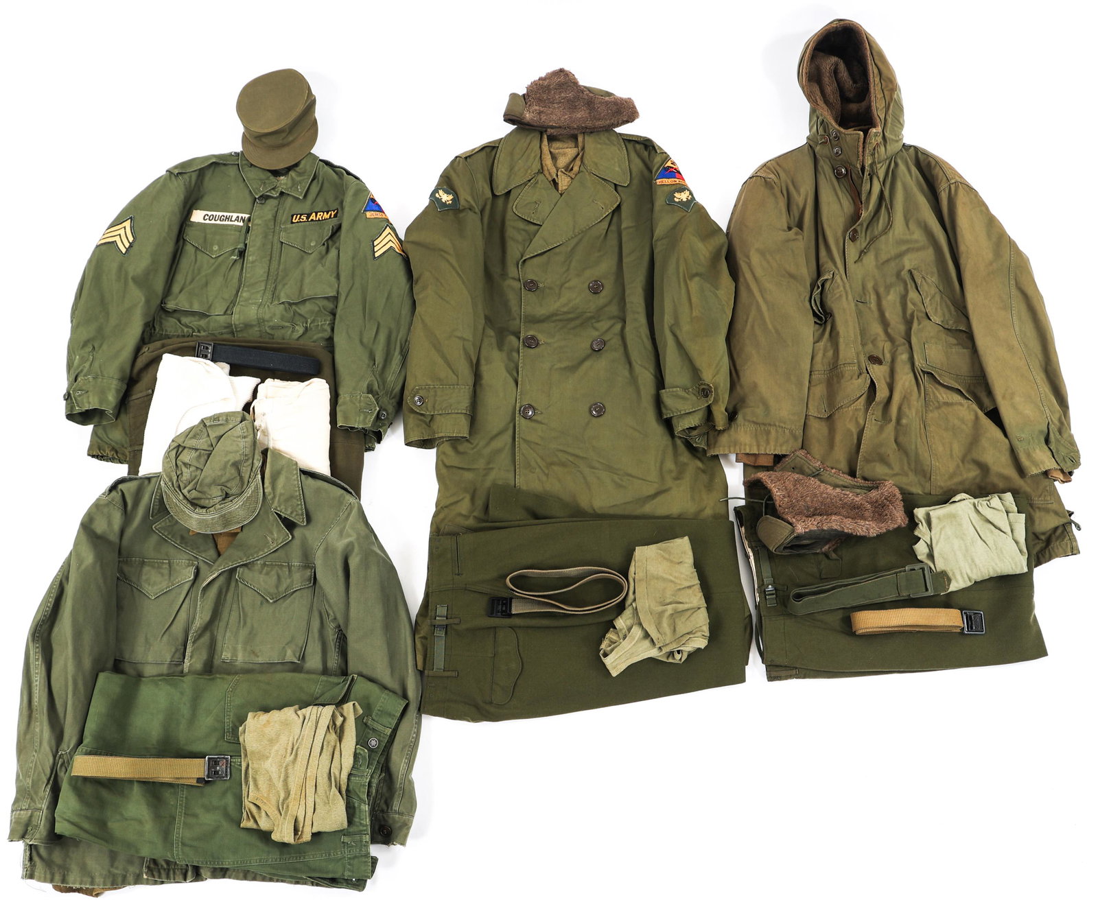 COLD WAR US ARMY ARMORED DIV EM/NCO UNIFORM SETS: COLD WAR US ARMY ARMORED DIV EM/NCO UNIFORM SETS Lot of 4 Cold War US Army Armored Division EM / NCO Uniform Sets. (1) 50th Armored Division Sergeant Uniform Set. OG-107 field jacket with unit patch, 
