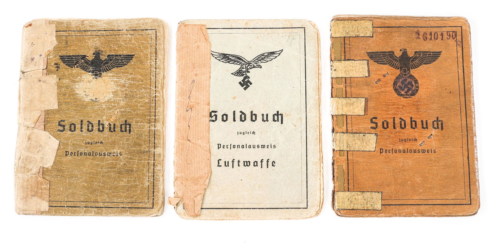 WWII GERMAN LUFTWAFFE & HEER SOLDBUCH LOT OF 3: WWII GERMAN LUFTWAFFE & HEER SOLDBUCH LOT OF 3 Lot of 3 WWII German Luftwaffe & Heer Soldbuch Identity Card Books. (1) Heer Soldbuch. Named to Johann Bartel. Includes rank (illegible), body descriptio