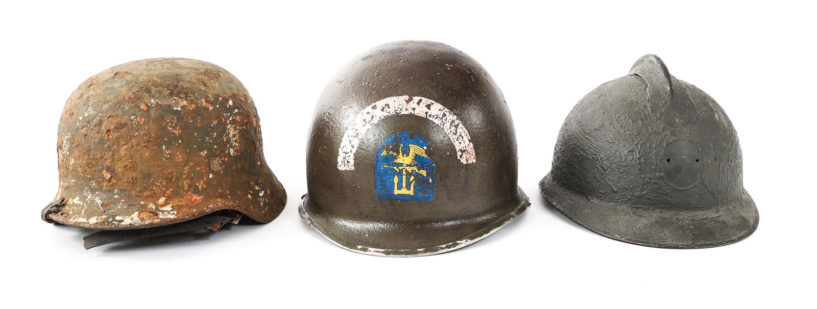 REFURBISHED WWII GERMAN / FRENCH & US HELMETS: REFURBISHED WWII GERMAN / FRENCH & US HELMETS Lot of 2 Modern Refurbished / Re-Done WWII German, French and US Helmets. These are helmets composed of both original period and post-war / contemporary c