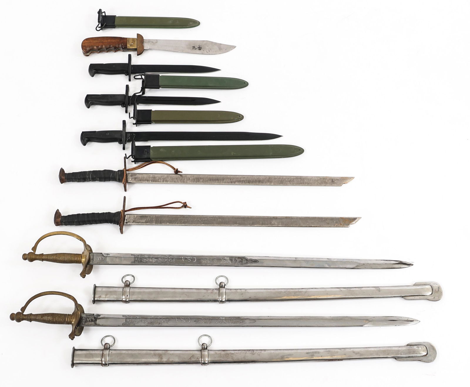 REENACTOR CIVIL WAR - WWII US BAYONETS & SWORDS: REENACTOR CIVIL WAR - WWII US BAYONETS & SWORDS Lot of Assorted Civil War - WWII Contemporary Post-War Production / Reenactor Bayonets & Swords. (2) CSA Reenactor Swords. Single edged, double acid etc