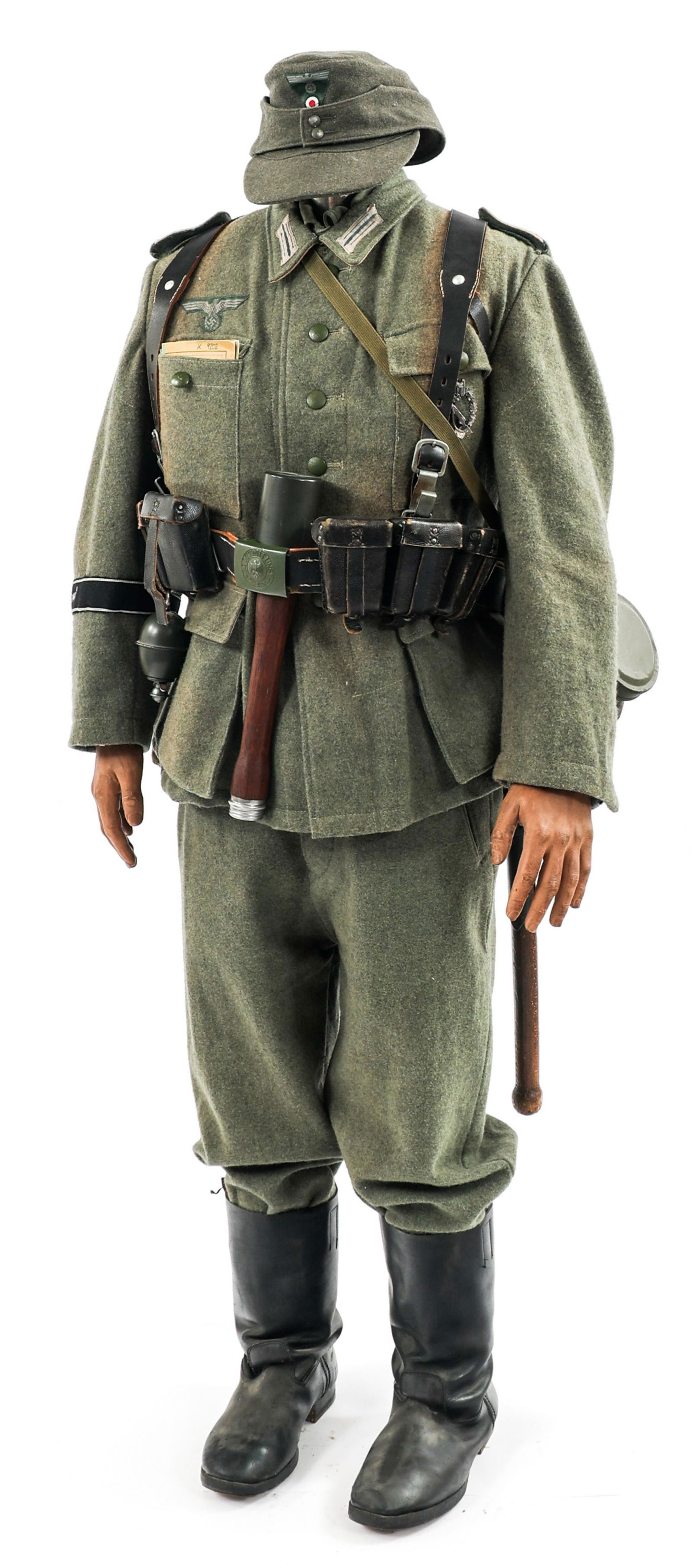 REENACTOR WWII GERMAN ARMY UNIFORM SET: REENACTOR WWII GERMAN ARMY UNIFORM SET Reenactor Contemporary Post-War Production WWII German Army Uniform & Field Gear Set. Großdeutschland Panzergrenadier Division cuff title and shoulder boards. F