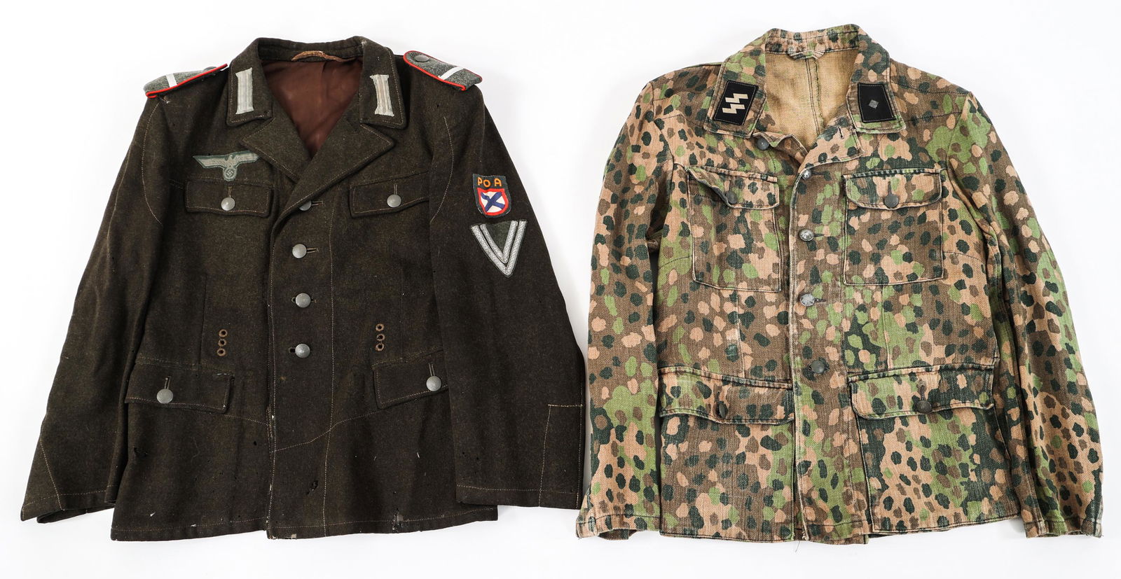 REENACTOR WWII GERMAN UNIFORMS: REENACTOR WWII GERMAN UNIFORMS Lot of 2 Reenactor Contemporary Post-War Production WWII German Uniforms. (1) Pea Pattern Camo SS Tunic. (1) Infantry Field Blouse.