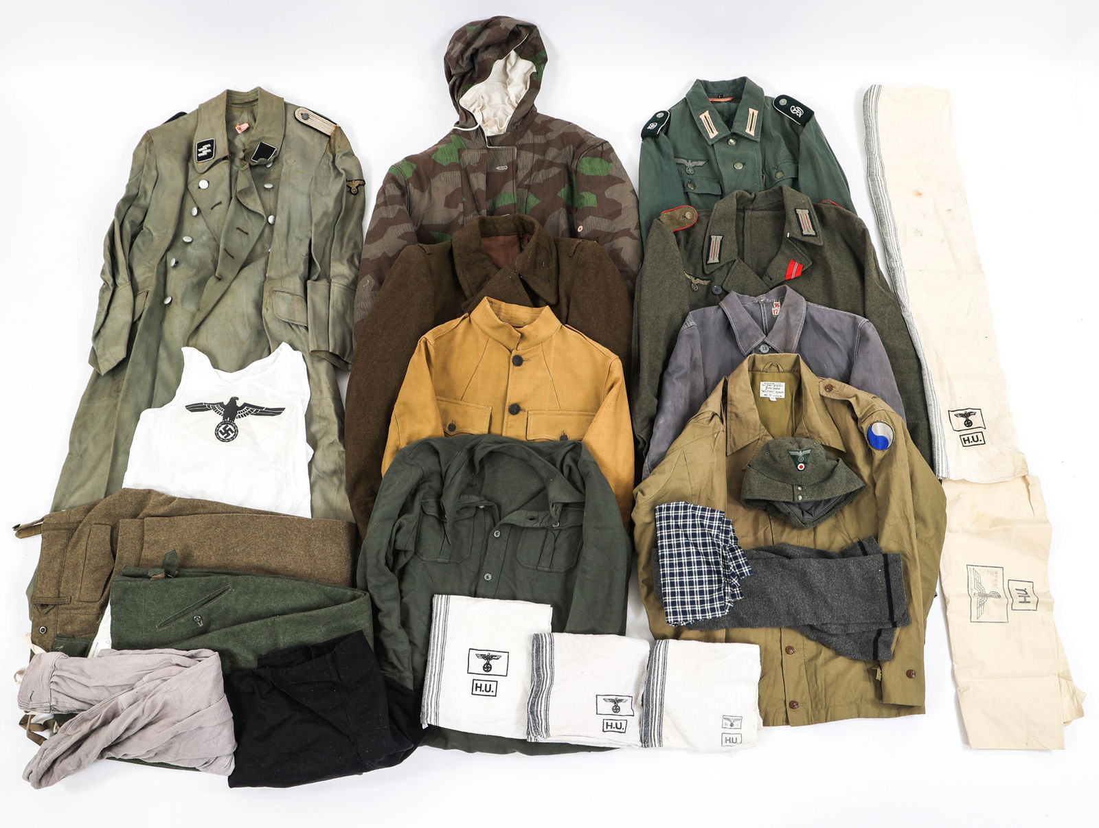 REENACTOR WWII GERMAN & US ARMY UNIFORM LOT: REENACTOR WWII GERMAN & US ARMY UNIFORM LOT Lot of Assorted Reenactor Contemporary Post-War Production WWII German & US Uniform Items. Includes SS overcoat, splinter pattern camouflage smock, German &