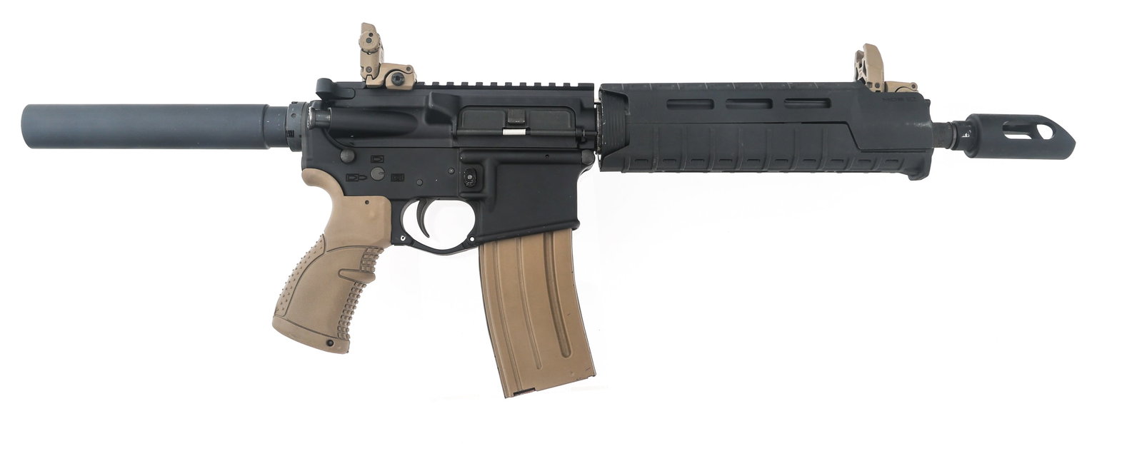 SPIKES TACTICAL ST15 .223 WYLDE CALIBER PISTOL: SPIKES TACTICAL ST15 .223 WYLDE CALIBER PISTOL Spikes Tactical Model ST15 .223 Wylde caliber semi automatic pistol. Matte black finish. Magpul MBUS sights. Rubberized grip. One magazine. Caliber / Gau