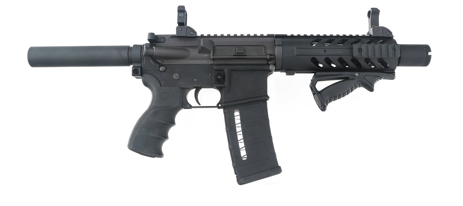 ANDERSON MANUFACTURING AM-15 5.56mm CAL PISTOL: ANDERSON MANUFACTURING AM-15 5.56mm CAL PISTOL Anderson Manufacturing Model AM-15 5.56x45mm caliber pistol. Black finish. Flip up sights. Rubberized grip. One magazine. Caliber / Gauge: 5.56x45mm | Ba