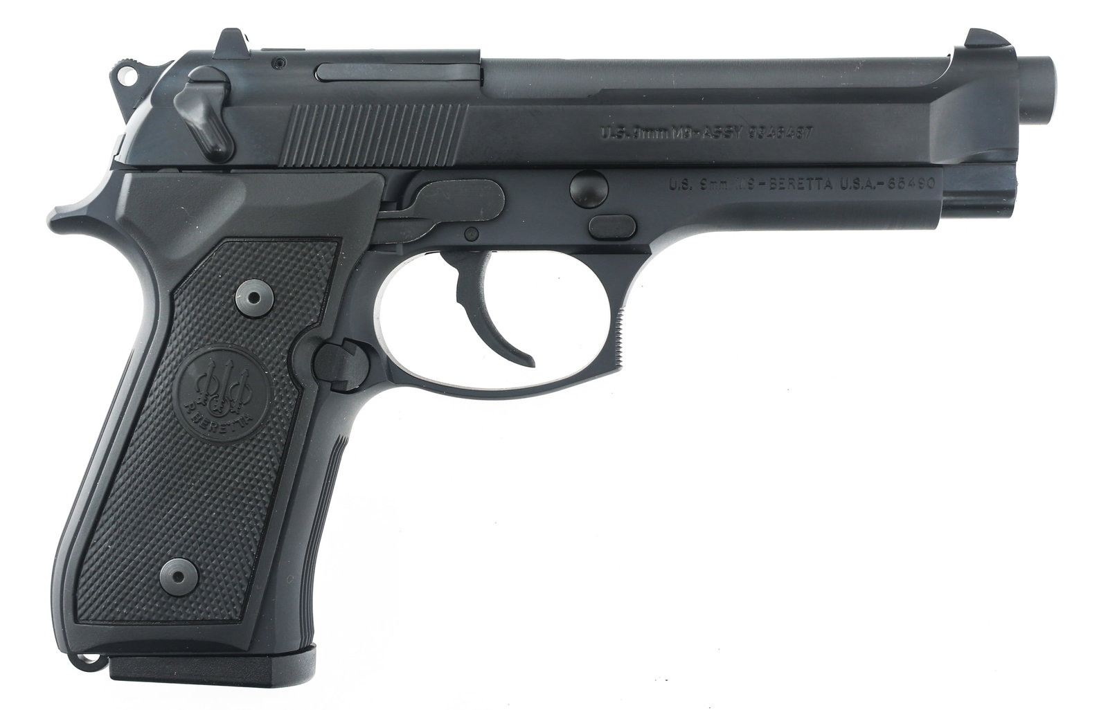BERETTA MODEL M9 9x19mm CALIBER SEMI AUTO PISTOL: BERETTA MODEL M9 9x19mm CALIBER SEMI AUTO PISTOL Beretta Model M9 9x19mm caliber semi automatic pistol. Black finish. Iron sights. Three magazines. Original hard case with owners manual and lock. Cali