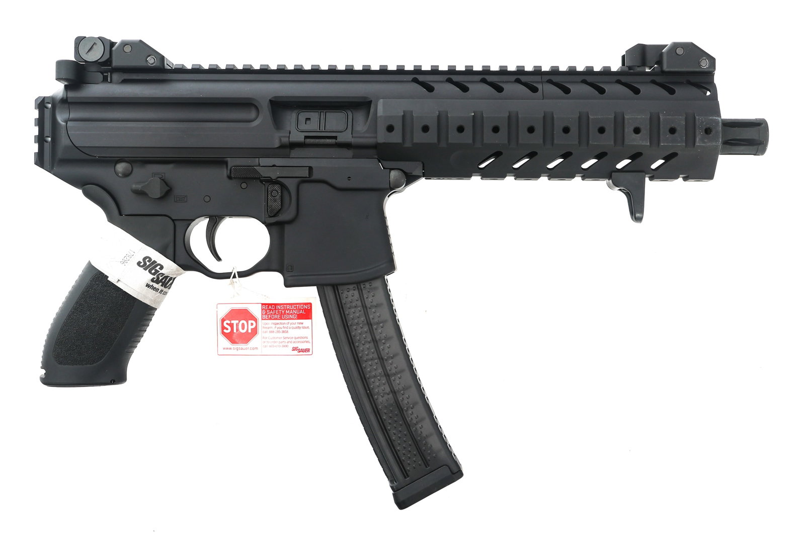 SIG SAUER MODEL MPX 9mm CALIBER SEMI AUTO PISTOL: SIG SAUER MODEL MPX 9mm CALIBER SEMI AUTO PISTOL Sig Sauer Model MPX 9x19mm caliber semi automatic pistol. Matte black finish. Flip up sights. Three rail adapters. One magazine. Sling. Original Sig ha