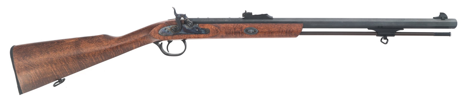 TRADITIONS DEER HUNTER 50 CALIBER PERCUSSION RIFLE: TRADITIONS DEER HUNTER 50 CALIBER PERCUSSION RIFLE Traditions Model Deer Hunter .50 caliber percussion rifle. Barrel stamped Made in Spain. Blued finish with color case hardened side plate. Adjustable