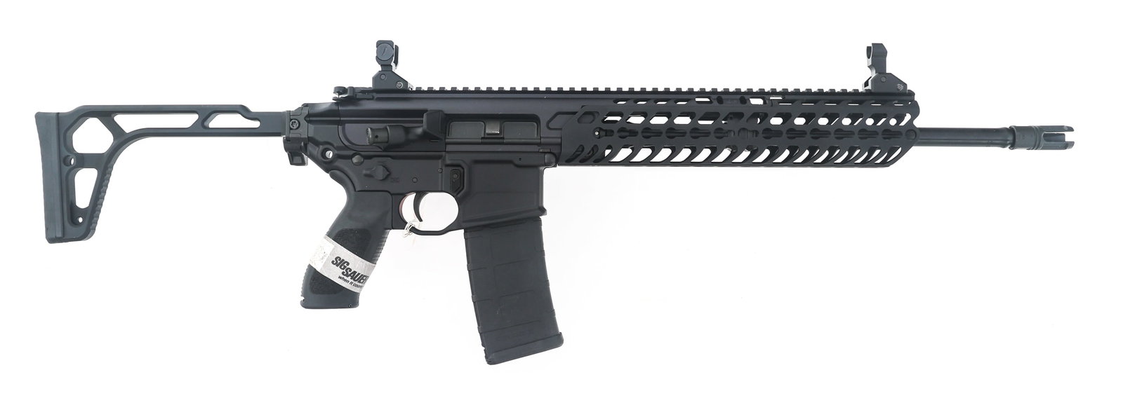 SIG SAUER MODEL MCX 300 BLACKOUT CALIBER RIFLE: SIG SAUER MODEL MCX 300 BLACKOUT CALIBER RIFLE Sig Sauer Model MCX .300 Black Out caliber semi automatic rifle. Black finish. Adjustable flip up sights. Ambidextrous safety. Folding stock. One magazin