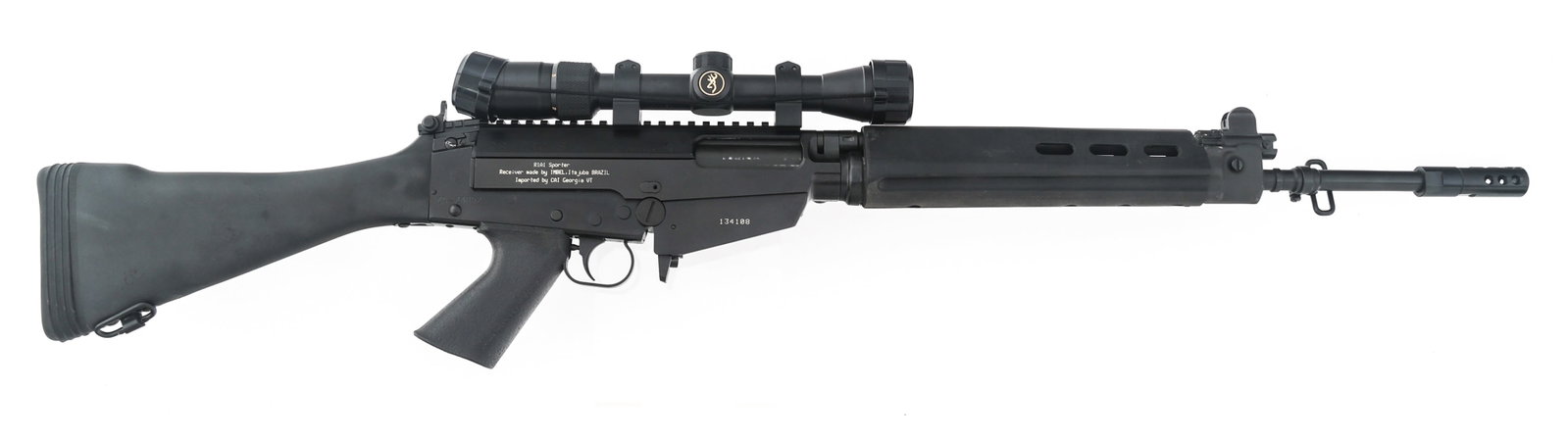 IMBEL MODEL R1A1 SPORTER .308 CALIBER RIFLE: IMBEL MODEL R1A1 SPORTER .308 CALIBER RIFLE Imbel Model R1A1 Sporter .308 Win caliber semi automatic rifle. CAI import mark. Black finish. Adjustable sights. Muzzle break. Browning 2-7x32 scope with d