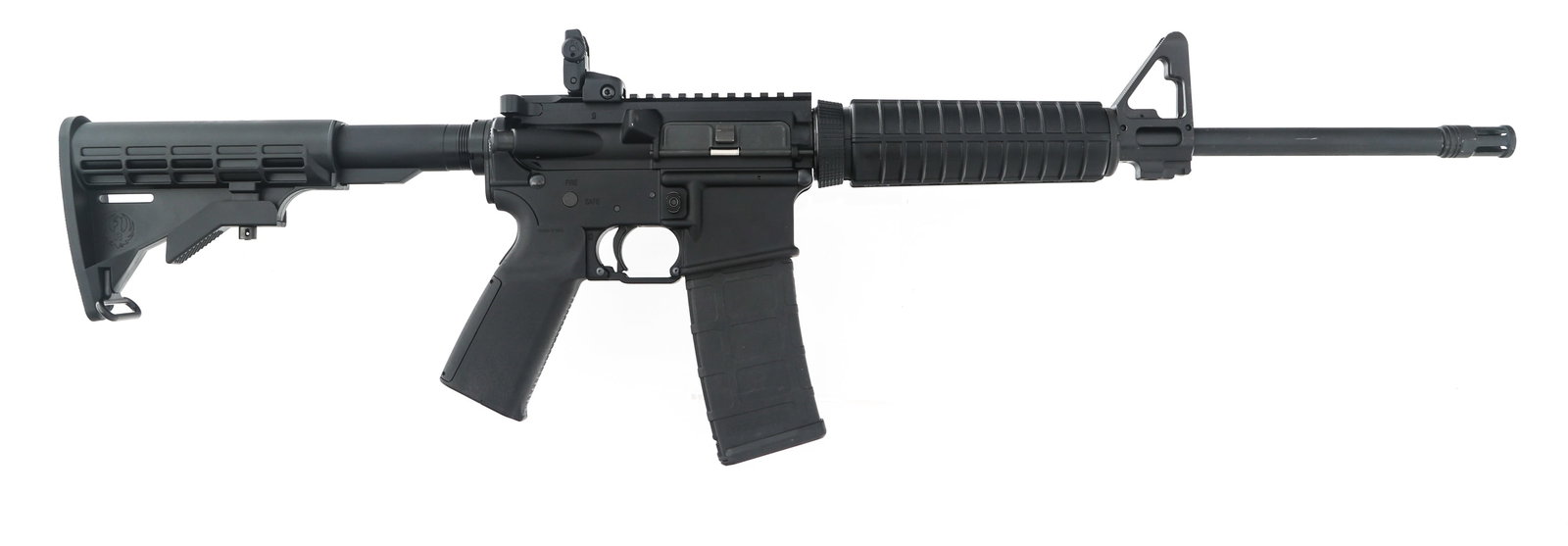 RUGER MODEL AR-556 5.56x45mm CALIBER RIFLE: RUGER MODEL AR-556 5.56x45mm CALIBER RIFLE Ruger Model AR-556 5.56x45mm caliber semi automatic rifle. Black finish. Adjustable sights. One magazine. Digitrigger electronic trigger. Caliber / Gauge: 5.