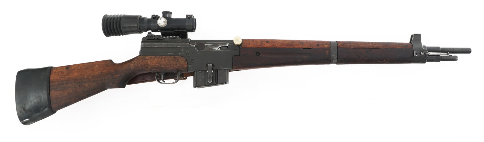 FRENCH MAS Mle 49 7.5mm CALIBER SNIPER RIFLE: FRENCH MAS Mle 49 7.5mm CALIBER SNIPER RIFLE French MAS Mle 1949 7.5x57mm caliber semi automatic sniper rifle. Parkerized finish. CAI import mark. Serial numbers match on receiver and stock. Blade fro