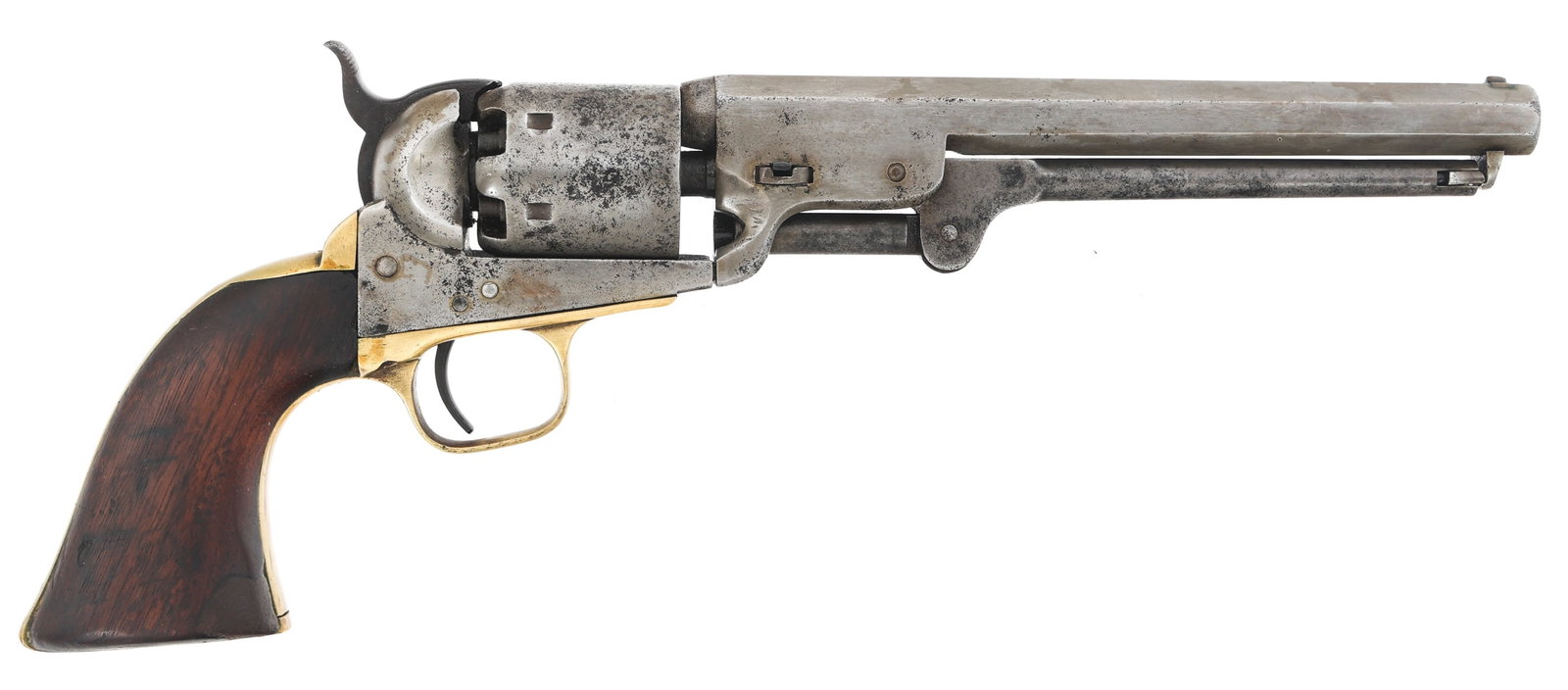 1861 COLT MODEL 1851 SA NAVY .36 CALIBER REVOLVER: 1861 COLT MODEL 1851 SA NAVY .36 CALIBER REVOLVER 1861 Colt model 1851 Navy .36 caliber percussion Revolver. Serial Numbers match on frame, barrel, barrel wedge, cylinder pin, cylinder, trigger guard,