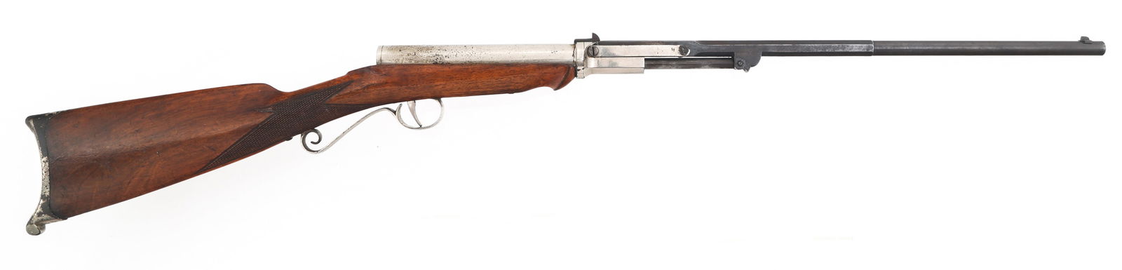 TOWER & LYON MODEL COLUMBIA .21-100 CAL AIR RIFLE: TOWER & LYON MODEL COLUMBIA .21-100 CAL AIR RIFLE Tower & Lyon Model Columbia .21-100 caliber air rifle. Notch rear sight, front blade sight. Checkered wood stock. Contoured buttplate. Caliber / Gauge