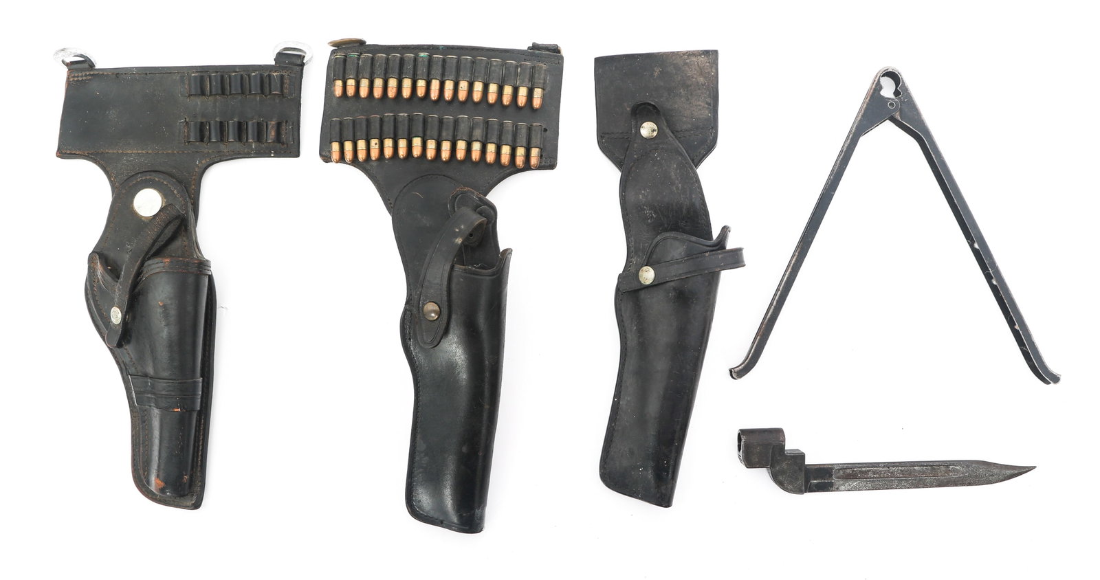 LEATHER HOLSTERS, BIPOD, & BAYONET: LEATHER HOLSTERS, BIPOD, & BAYONET Lot of three leather holsters, clamp-on bipod, and British Mk 9 bayonet. Bayonet is marked with Circle P 1949 indicating Royal Ordnance Factory, Poole. Two Smith & W