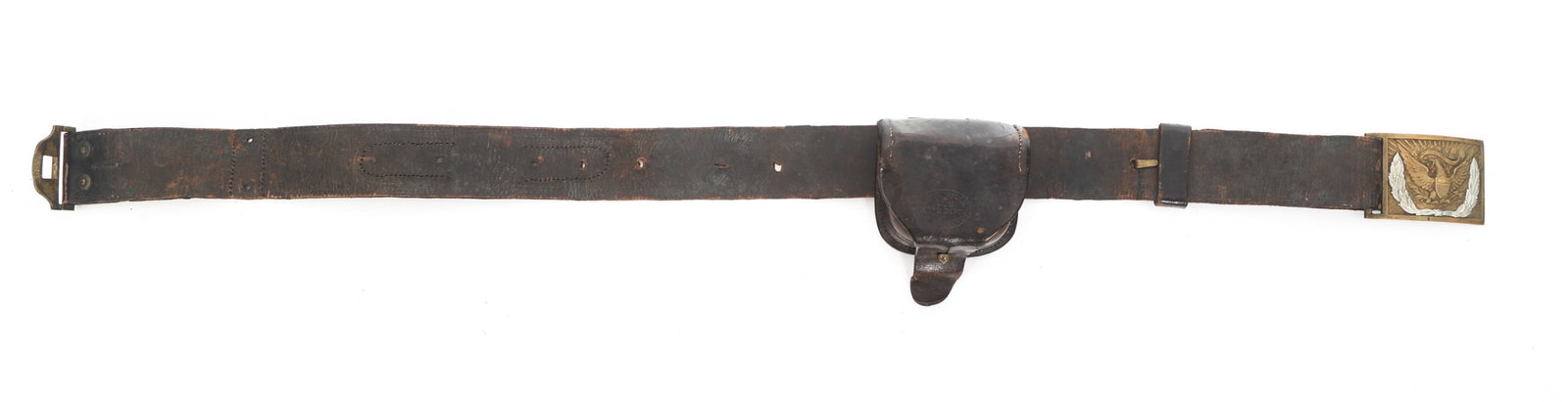 LH NORFOLK SUB INSPECTOR POUCH, BELT, AND BUCKLE: LH NORFOLK SUB INSPECTOR POUCH, BELT, AND BUCKLE L.H. Norfolk U.S. ORD. Dept sub inspector ammo pouch with leather belt and and buckle. Buckle has an eagle holding a shield with a ribbon over its head