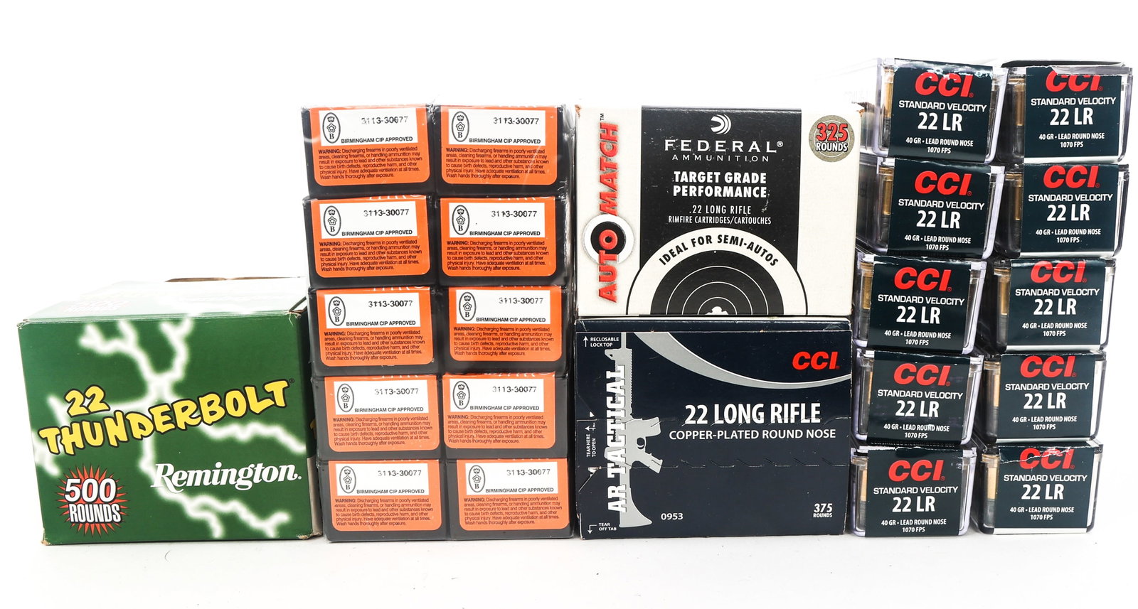 AMMUNITION .22 LR CALIBER - 22 POUNDS TGW: AMMUNITION .22 LR CALIBER - 22 POUNDS TGW 22 pounds total gross weight .22 LR ammunition. CCI, Federal, ELEY and Remington brands. Weight includes packaging and ammo cans. Boxes may be open or partial